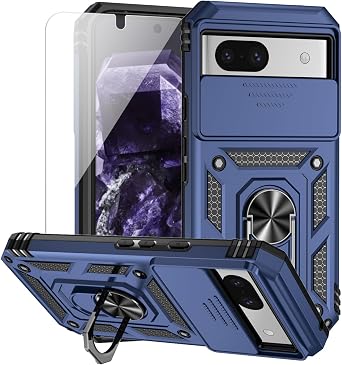 for Google Pixel 8A Case with Camera Lens Cover HD Screen Protector, Dual Layer Military-Grade Drop Tested Magnetic Ring Holder Kickstand Protective Phone Case for Google Pixel 8A 2024 Navy Blue