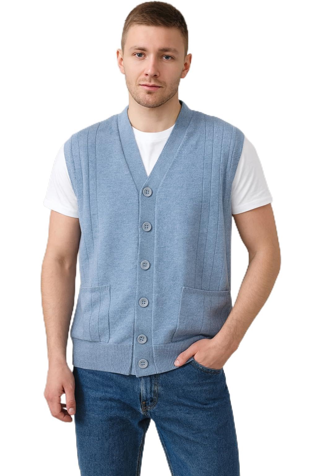 Men's Front Open Buttoned Sleeveless Solid Color Cardigan/Woolen Jacket/Waist Coat/Sweater with Pockets-image-7