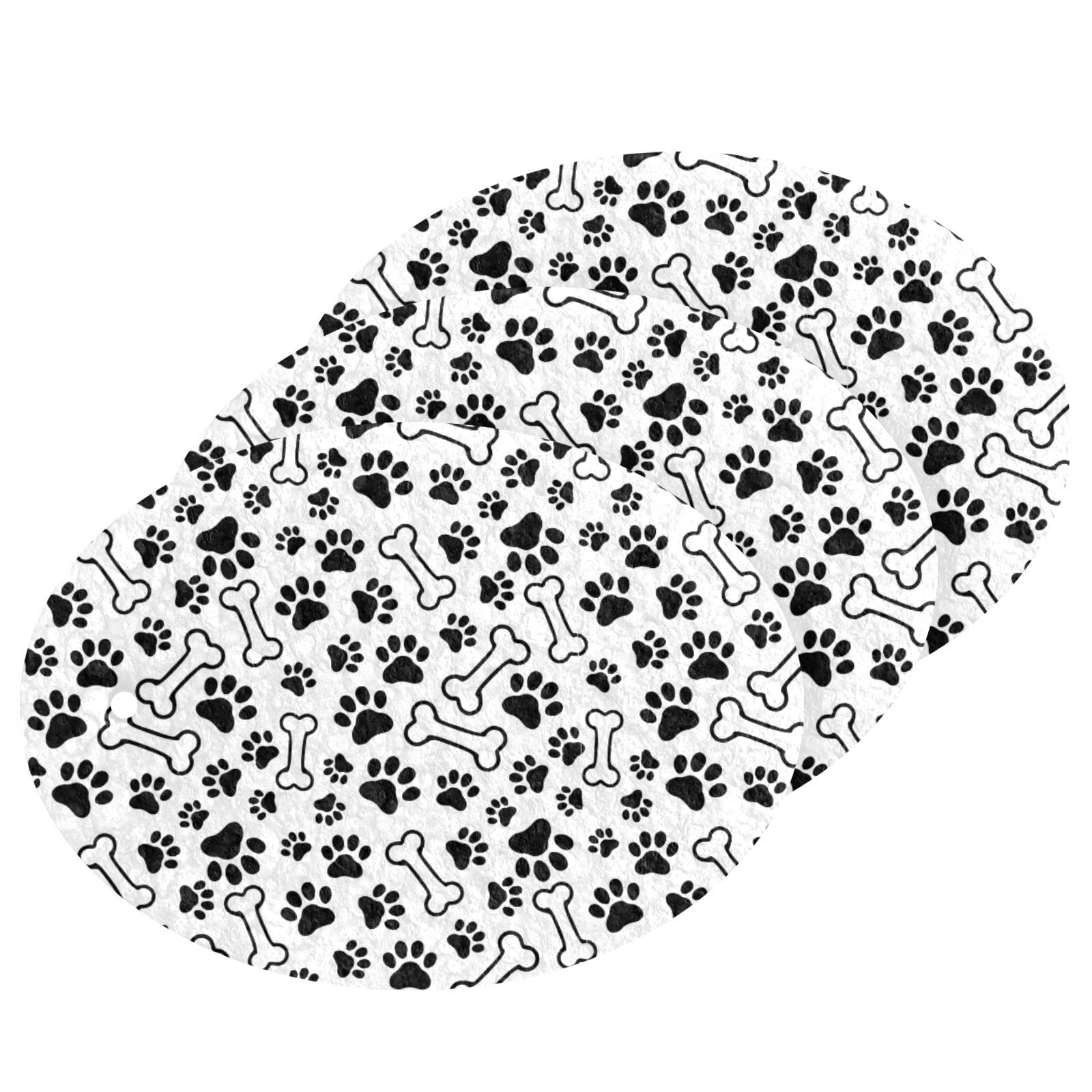 Poeticcity Black Pet Paws Print and Bones Seamless on White 3PCs Scrub Sponges, Two-Sided Dishes Oval Foam Wood Pulp Pop up Sponge Cleaning Kitchen Non-Scratch Compressed Scrubber Sponges