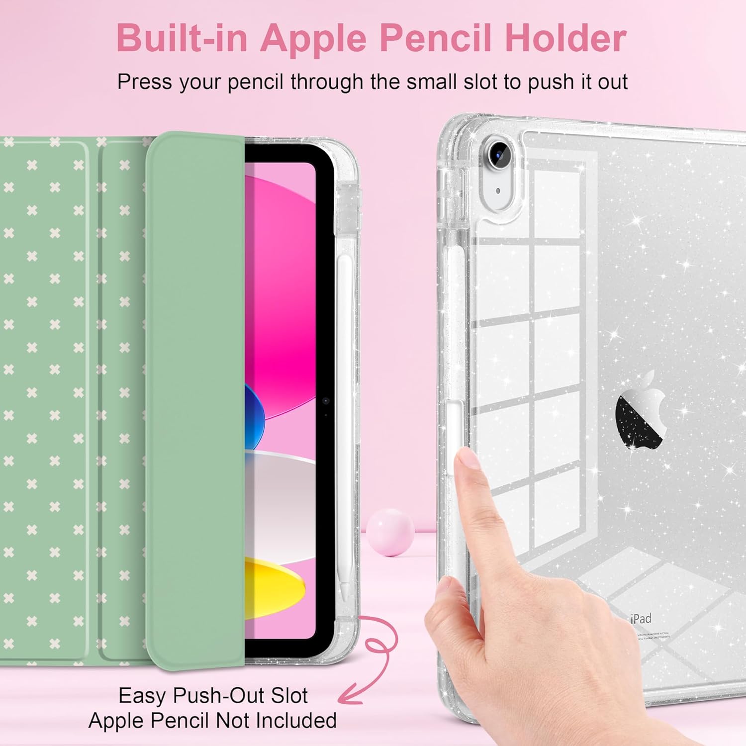 DONGKE for iPad Case 9th/8th/7th Generation 10.2 Inch (2021/2020/2019), Shockproof Glitter Acrylic Back with Trifold Stand, Pencil Holder & Auto Sleep/Wake - Green Cross Dot