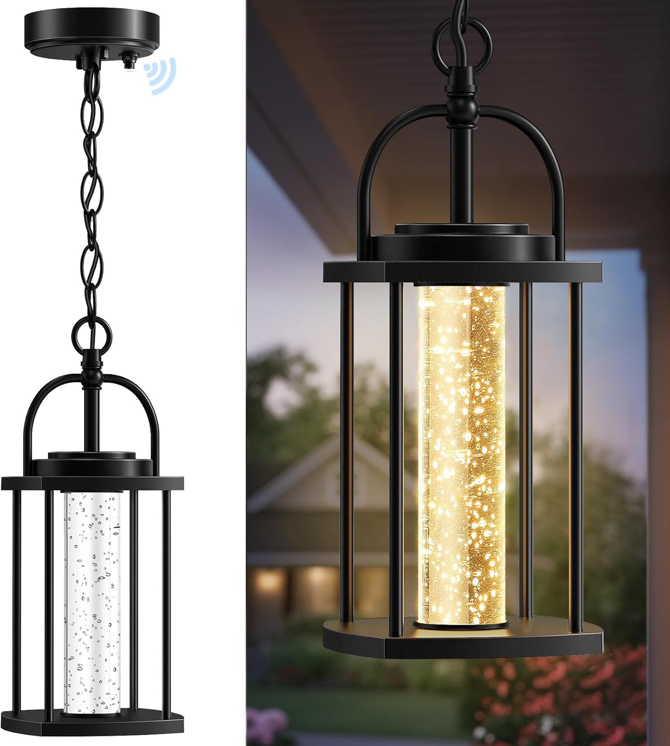 Outdoor Pendant Light, 14'' LED Dusk to Dawn Outdoor Chandelier, Black Aluminum Outside Exterior Hanging Light Fixture Ceiling Mount with Crystal Bubble Glass for Porch Patio Entryway, 1 Pack