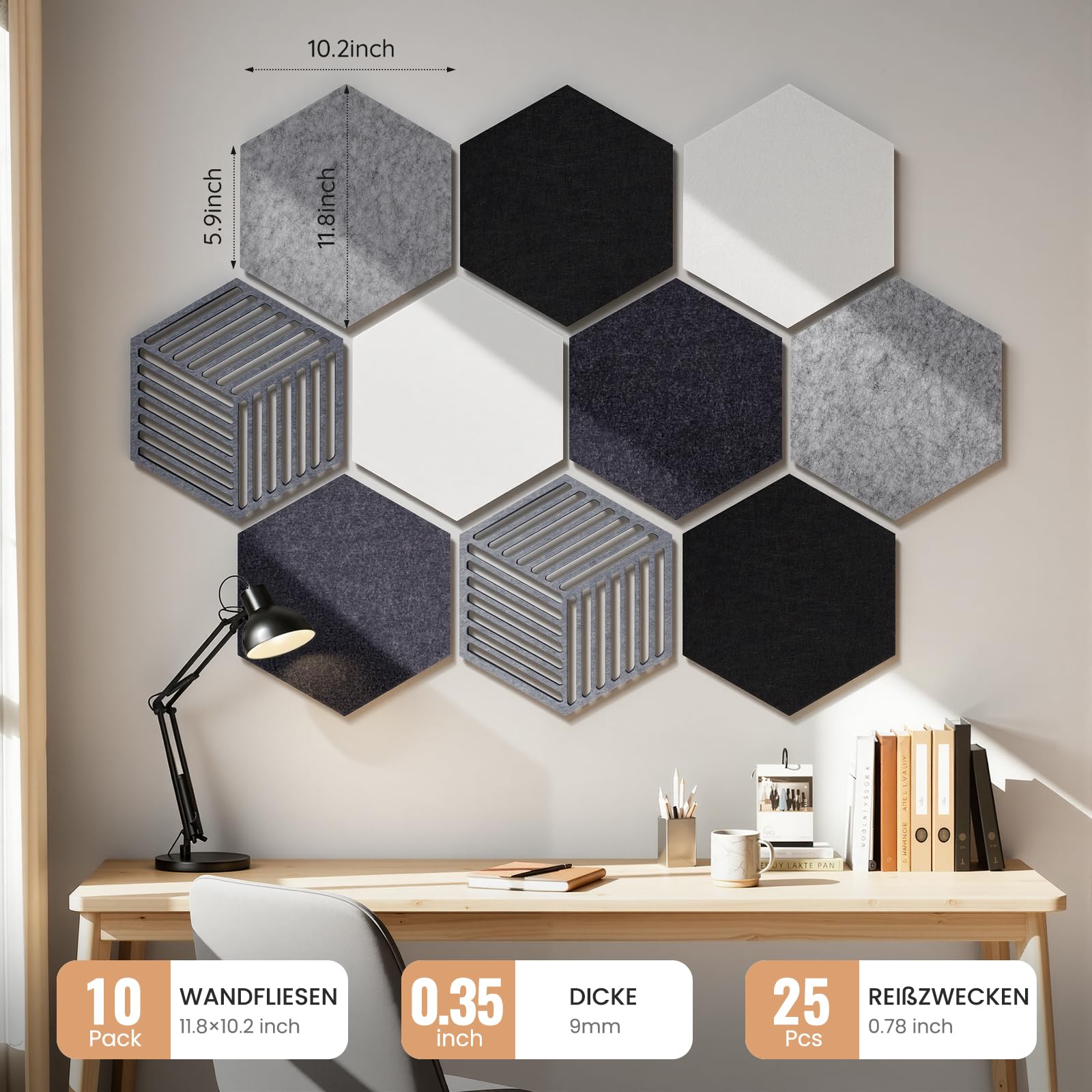 10 Stück Sechseckige Filz Pinnwand, Pinnwand Kork Alternative Selbstklebend, Dekorative Filzboard Vision Board Fotowand Memoboard Wanddekoration mit 30 Pinnnadeln für Büro, Schule, Zuhause