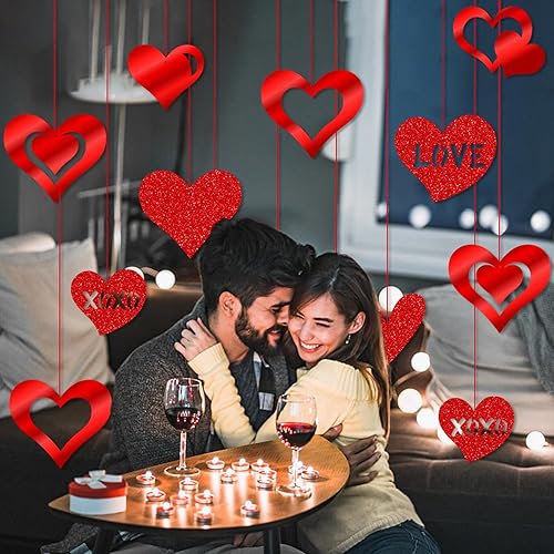Miniatura 4 de SMENGGIL Adornos colgantes de corazones rojos, guirnalda de corazones rojos para decoración del día de San Valentín, boda, compromiso, despedida de