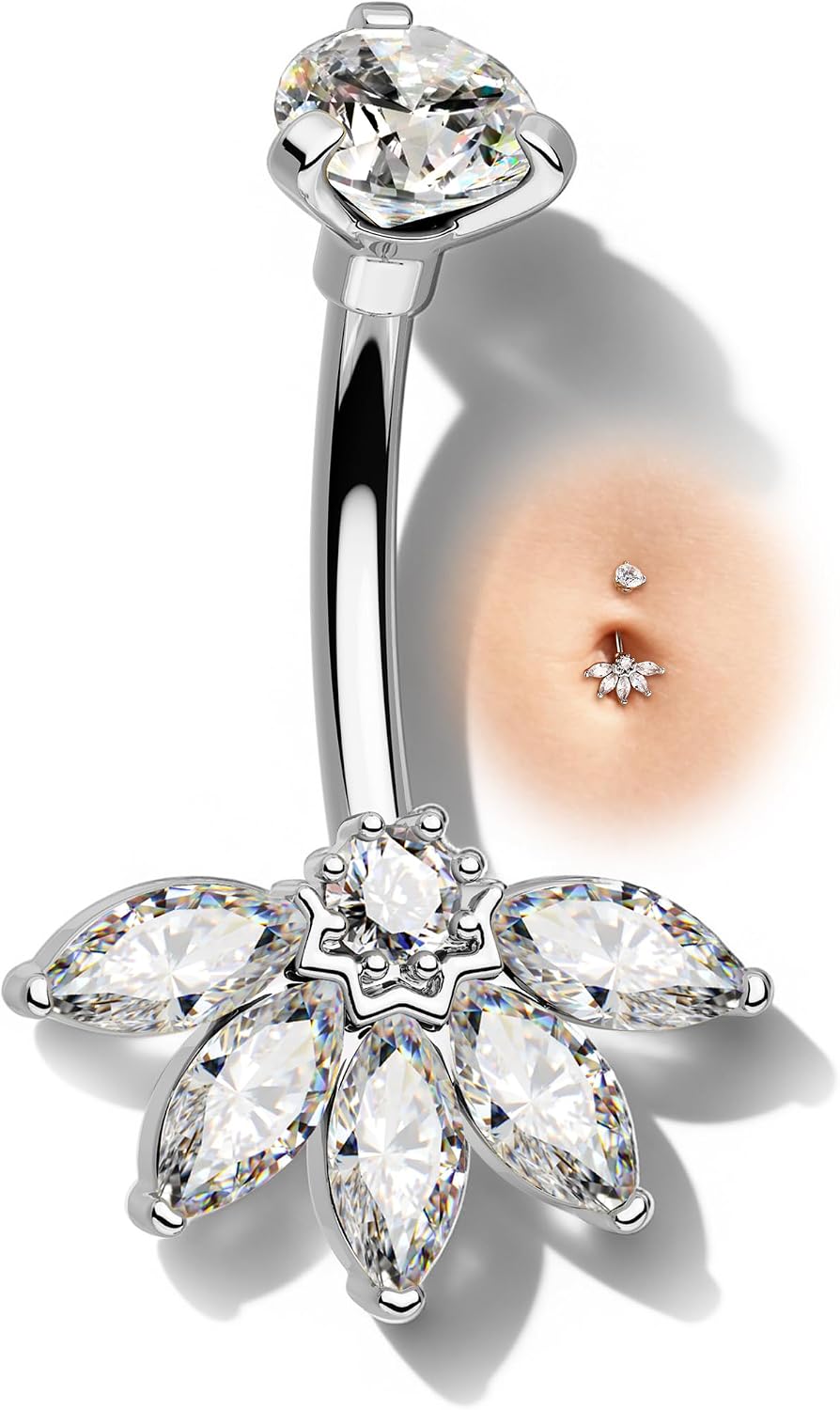 Lotus Belly Button Ring, 14G Belly Navel Rings for Women, Surgical Steel Belly Button Piercing Jewelry