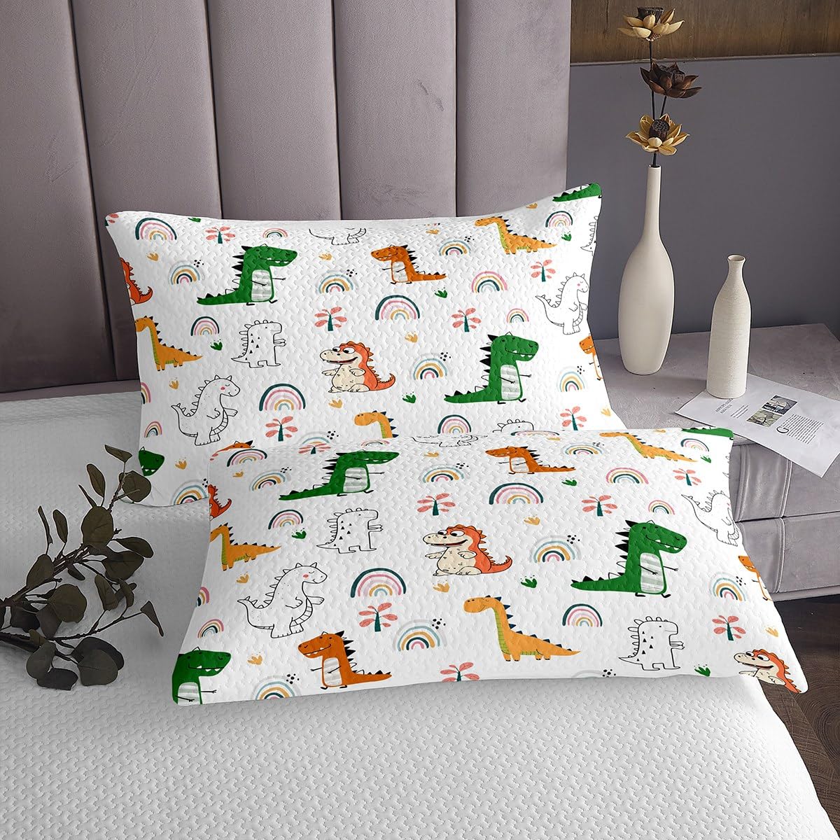 Homemissing Juego de colcha acolchada de dinosaurio para niños y niñas, diseño de arcoíris, impresión digital 3D, tamaño individual, decoración de dormitorio, dinosaurio, naranja, verde