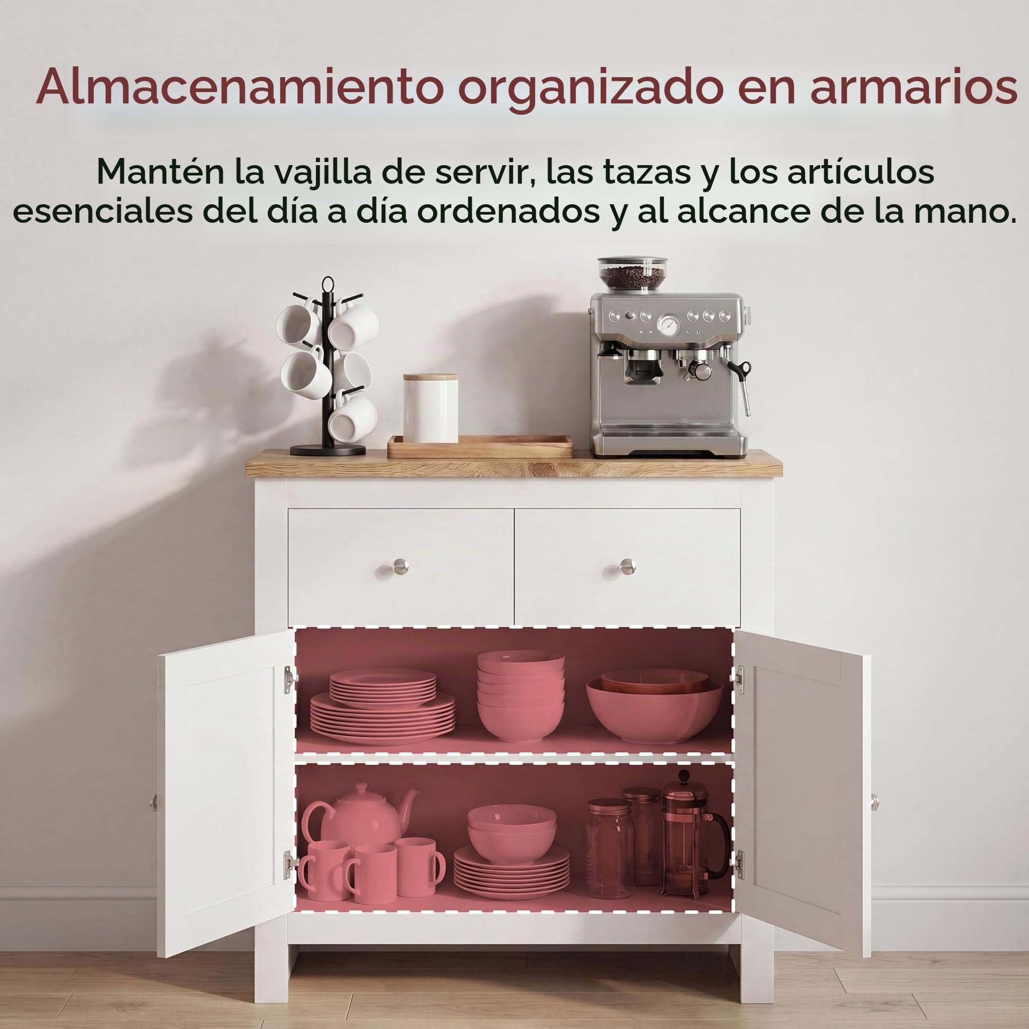 Marca Amazon - Vida Designs Aparador Arlington con 2 cajones y 2 Puertas, Madera de ingeniería, Blanco y Roble, H 80 x W 79 x D 35 Cm