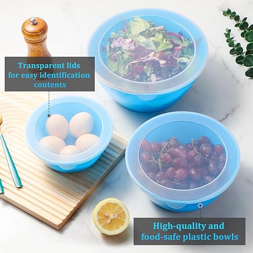 Miniatura 6 de CherHome Juego de 3 tazones para mezclar con tapas, cuencos ligeros con tapa, cuencos de plástico anidables con tapas para preparación de cocina,