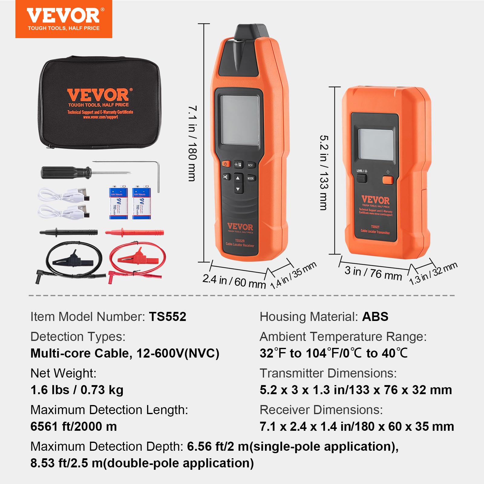 VEVOR Kabelsuchgerät, Kabel-Tracker, Spannungsbereich 12–600 V, Stromkreis- & Leitungsbruch-Ortungsgerät, Ausfahrbar auf 2 km für unterirdische Rohre, elektrische Zäune, versteckte Kabel