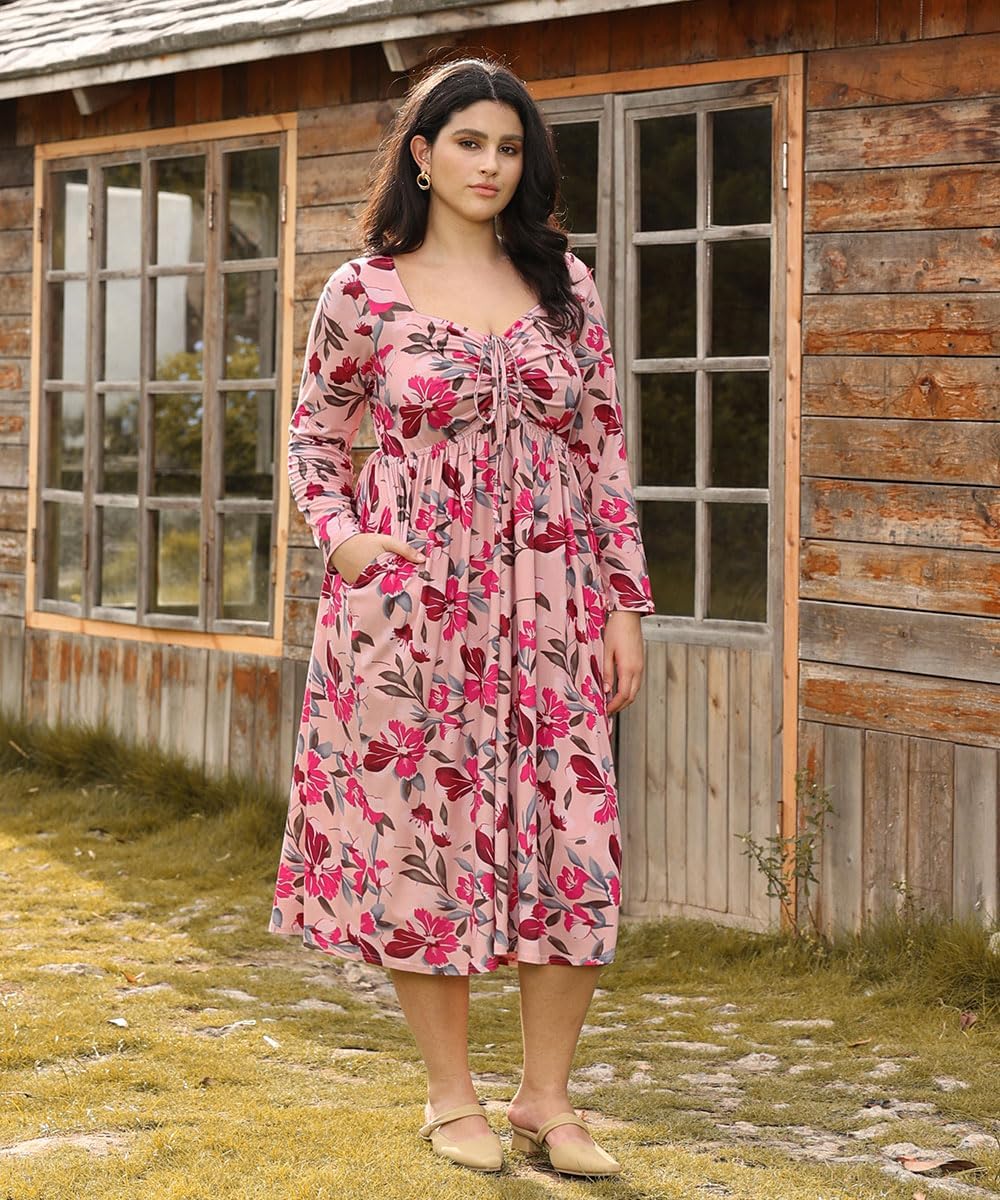 CARCOS Plus Size Dresses for Curvy Women Tie Sweetheart Neck Fall Maxi Dress Long Sleeve Empire Waist Floral Boho Dress - Image 2