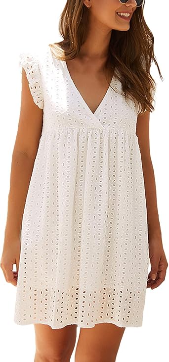 Women Summer Dress Wrap V Neck Jacquard Lace Ruffle Short Sleeve Mini Dresses with Pocket
