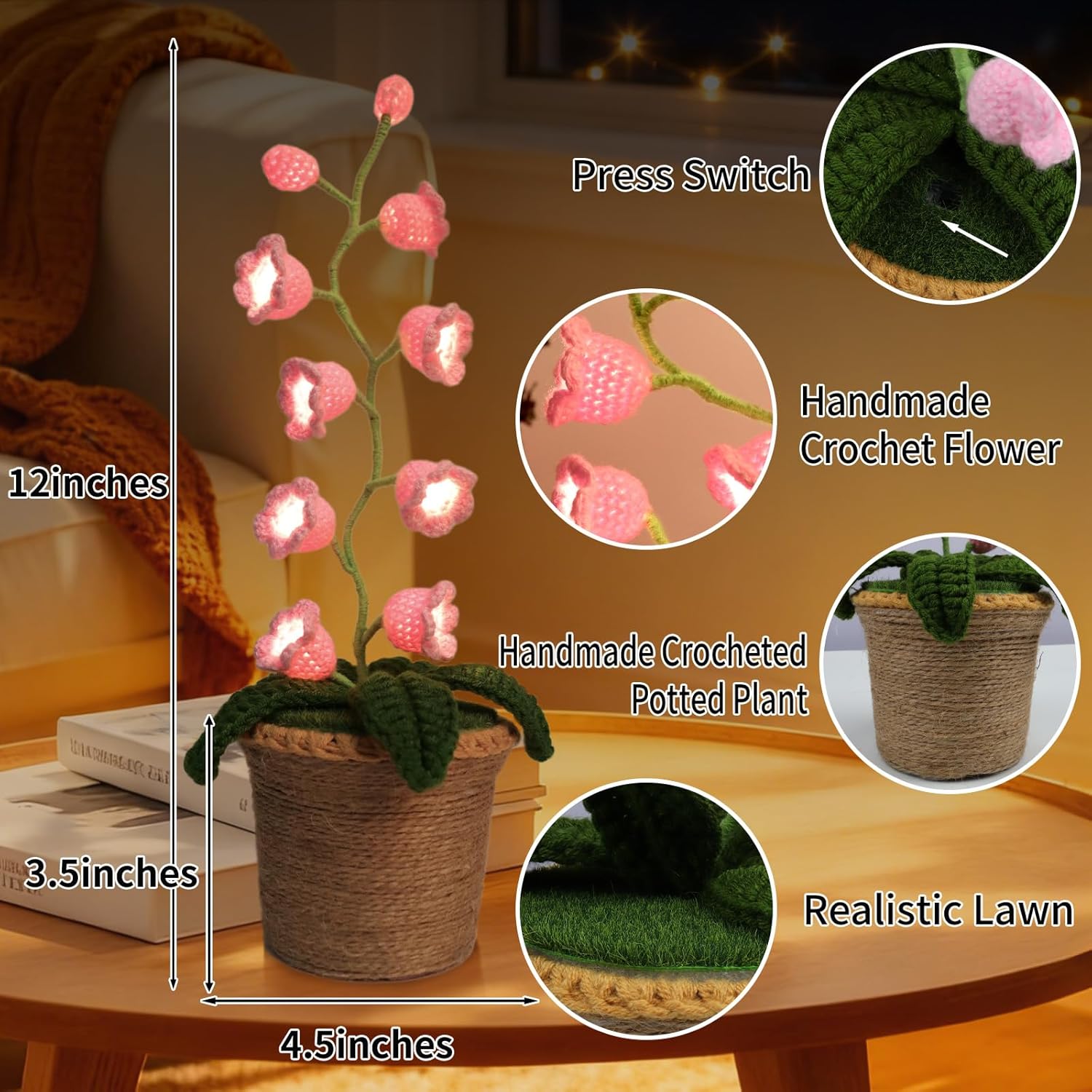 Lily of The Valley Lamp, Crochet Artificial Flowers with 10 Little Night Lights, Cordless Flower Bedside Lamps Small Table Lamp for Mothers Day,Birthday Gifts,Christmas,Valentine Home Decor (Pink)