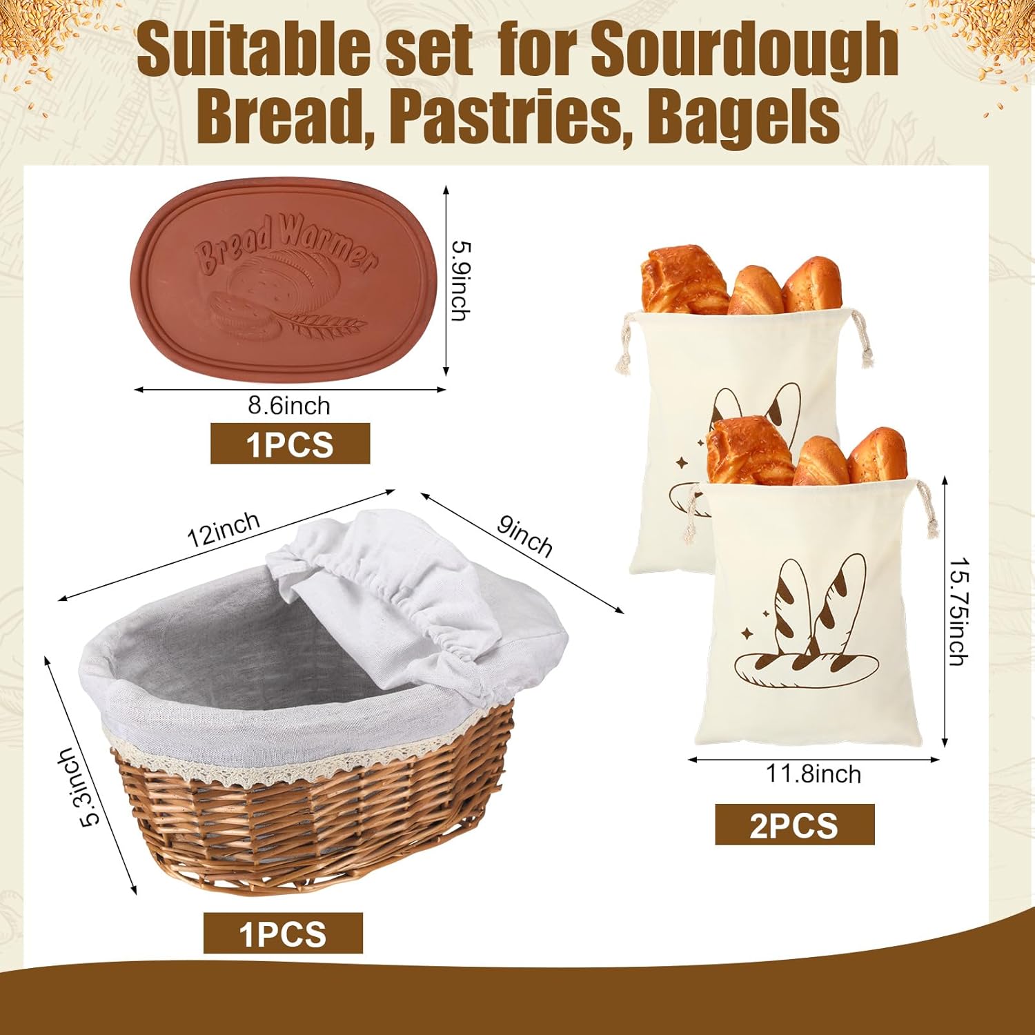 Bread Warmer Basket with Stone 12" x 9" Includes Linen Towel Handmade Wicker Bread Sourdough Basket with Warmer Stone for Easter Gifts Serving Tortilla Sourdough Terracotta Hostess