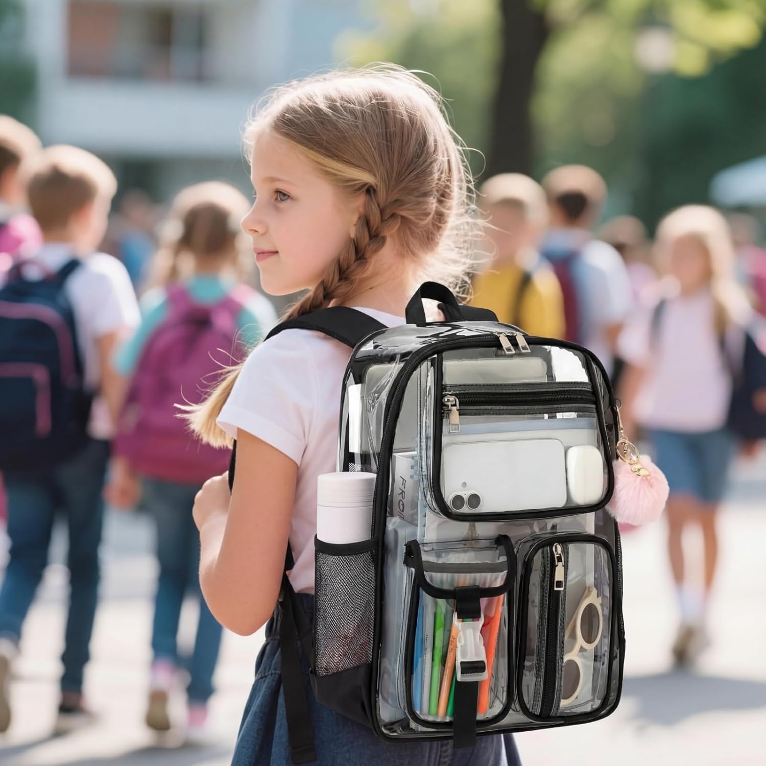 Clear Backpacks for Girls Boys, Heavy Duty PVC Transparent School Bookbag See Through Back Pack for College Work Travel (Black) - Image 2