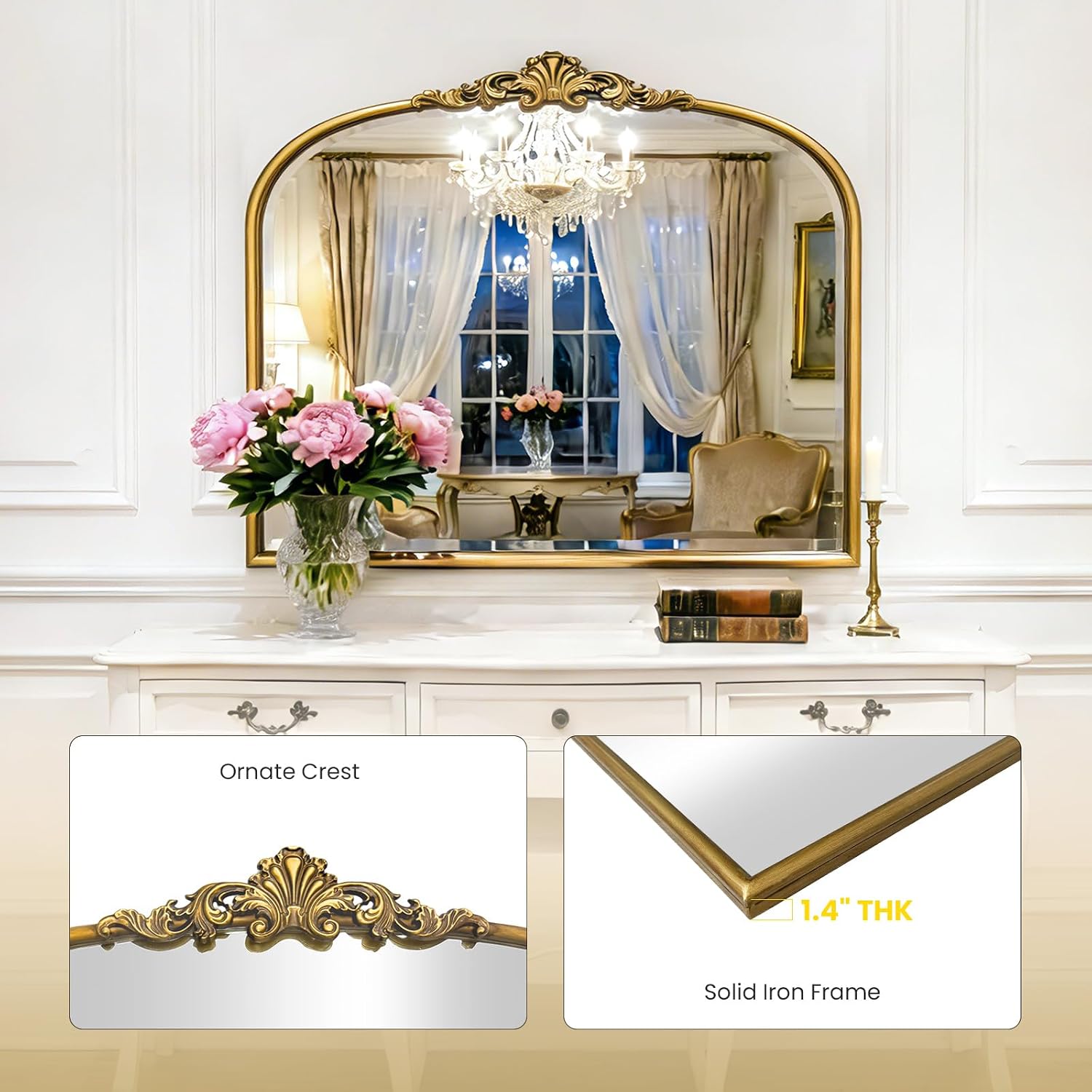 Vintage Baroque Gold Mirror Metal Frame 36x30 Inch, Antique Arched Mantle Retro Oil Rubbed Bronze Ornate Vintage Mirror for Living Room, Fireplace, Entryway, Bathroom