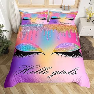 Feelyou Eyelash Duvet Cover Eyes Pattern Design Bedding Set for Girls Glitter Print (No Glitter) Purple Pink Colorful Comforter Cover Set Queen Size Modern Simple Lovely Bedspread Cover 3Pcs Zipper