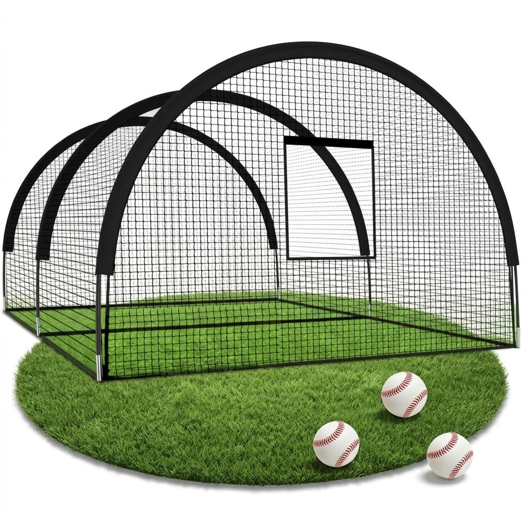 Filet de Cage de Batteur de Baseball Portable, pour Jardin Arrière-Cour, Cage d'Entraînement Baseball et Softball avec Trou pour Machine à Lancer et Porte Amovible, 1008 * 372 * 243 cm