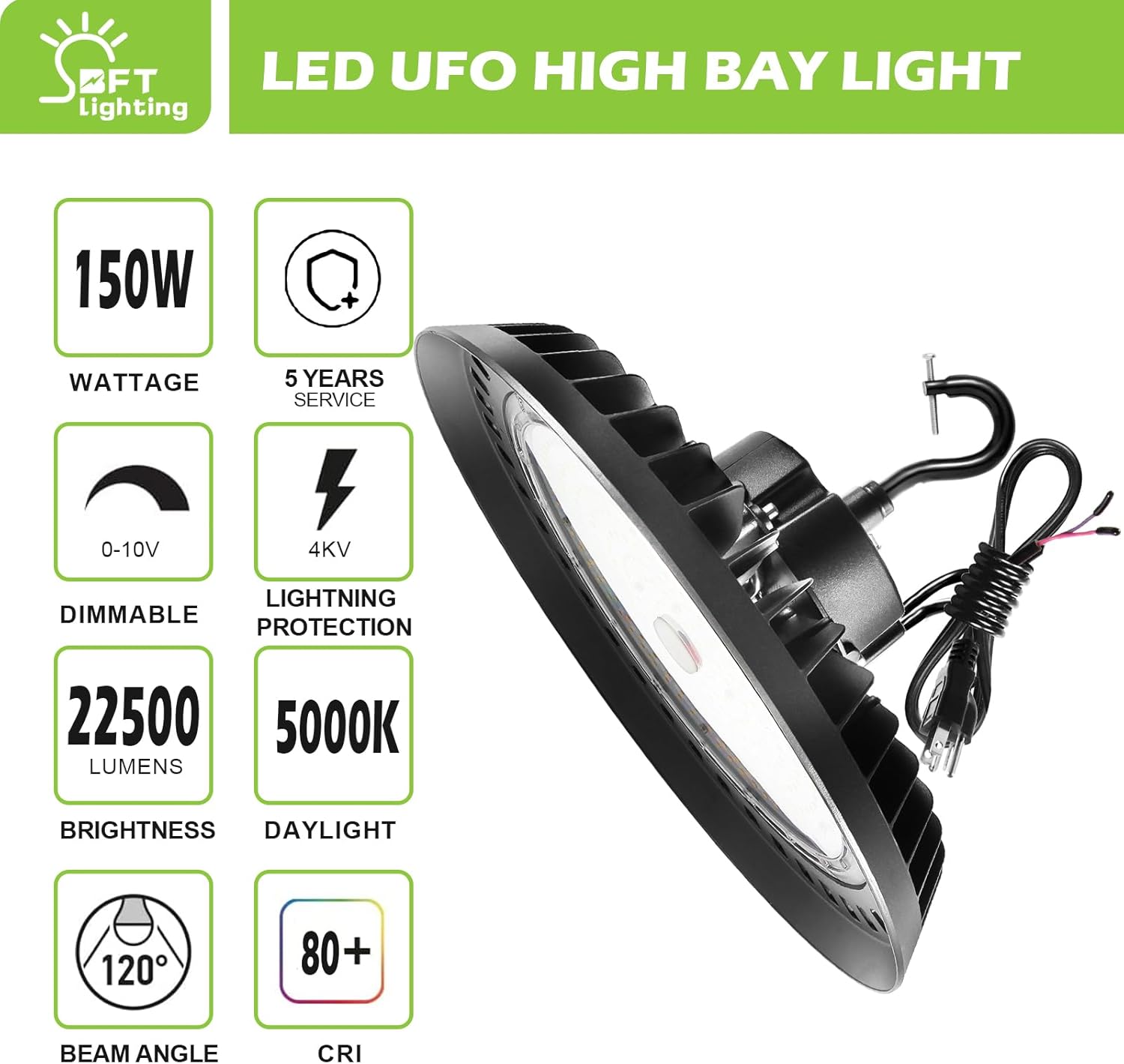 UFO Led High Bay Light 150W 2250lm 5000K 1-10V Dimmable High Bay Led Shop Lights ETL Listed US Hook 5' Cable Led High Bay Lights Alternative to 650W MH/HPS for Shop Warehouse Gym 4PACK