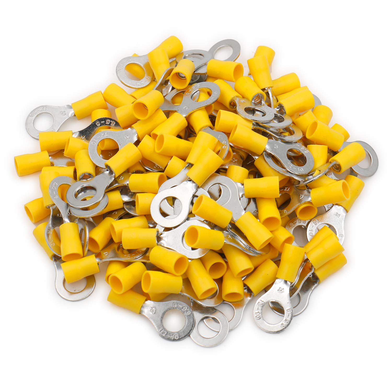 Heschen Zaciskarka pierścieniowa Złącza zaciskowe izolowane winylowe złącze elektryczne RV5,5-8 Rozmiar sztyftu 5/16" dla 4-6 mm² (12-10 AWG) Żółty 100 sztuk