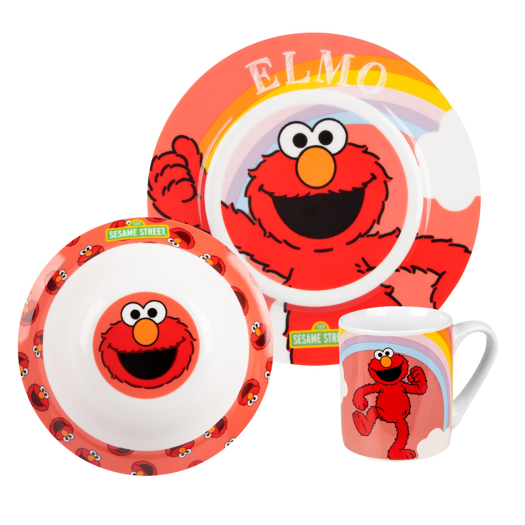 United Labels Elmo Frühstücksset Kinder, mit Elmo, Geschirr Set Porzellan, 3-teilig mit Teller, Schale und Tasse, spülmaschinenfest und mikrowellengeeignet