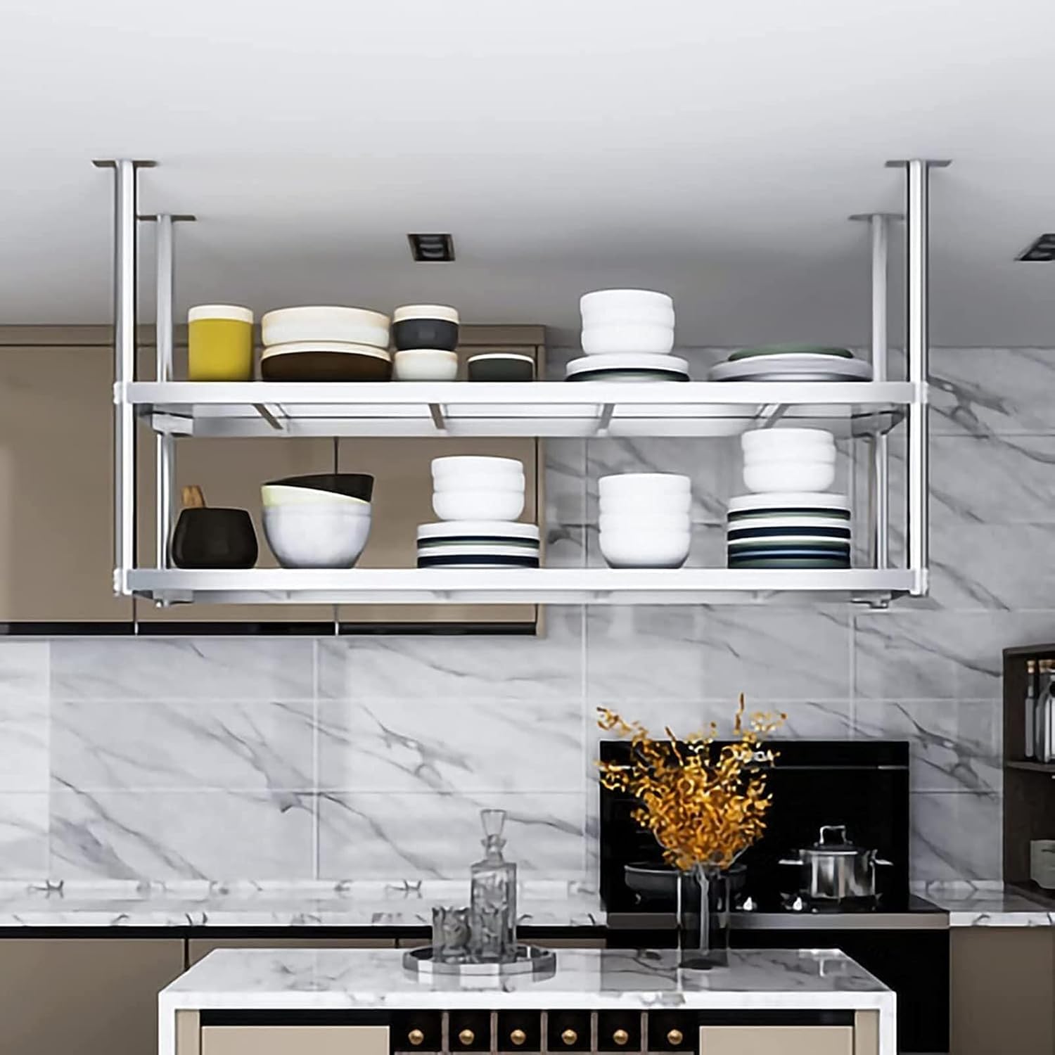 Industrial 2-Tier Ceiling Mounted Shelf, 304 Stainless Steel Hanging Storage Rack for Kitchen, Bar, Restaurant, Silver 70x35x80cm(70x35x80cm)