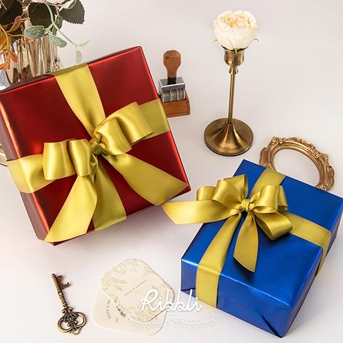 Miniatura 98 de Ribbli - Cinta de satén roja de doble cara, 1 pulgada x 25 yardas, uso para ramo de lazos, envoltura de regalo de Navidad, arreglo floral Rojo