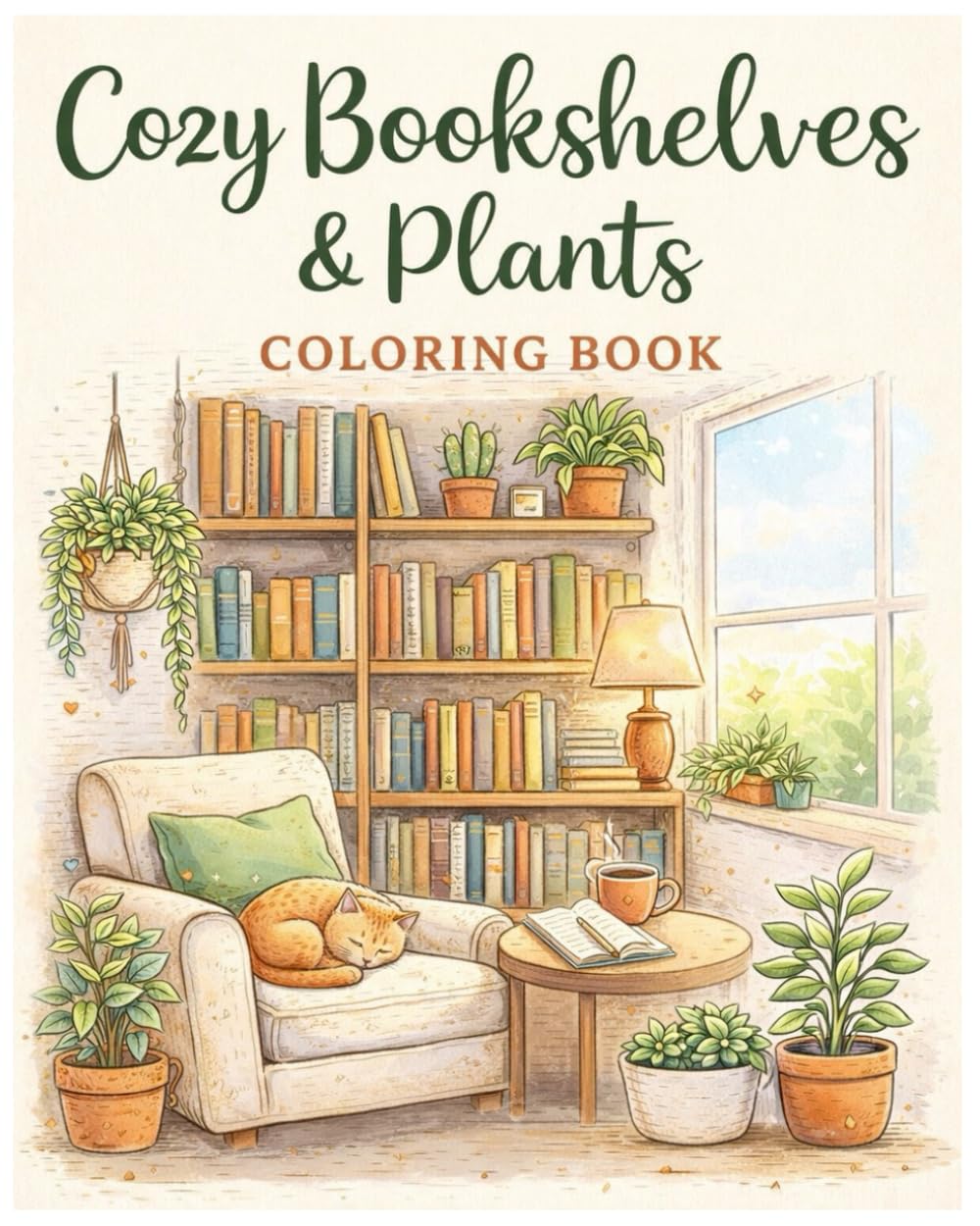 Cozy Bookshelves & plants: A Relaxing Adult Coloring book of Cozy Reading Nooks, Bookshelves, and Lush Indoor plants.