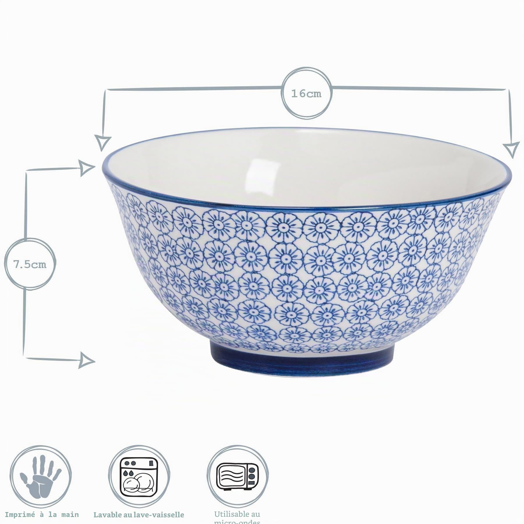 Nicola Spring Bols à Céréales à Motifs - 6 Couleurs - 16 cm - Paquet de 6 - Bols de Service en Porcelaine de Style Japonais Imprimés à la Main pour Dessert, Pâtes, Céréales, Salade, Nouilles, Soupe