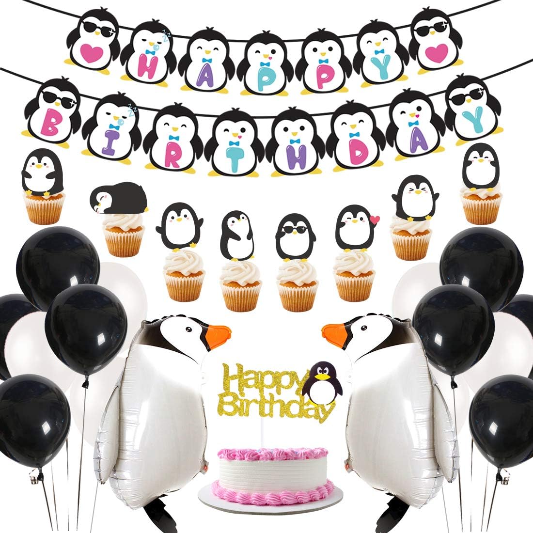 JOYMEMO Party Decorations Penguin Happy Birthday Banner Walking Balloons Cake Topper Penguin for Birthday Baby Shower