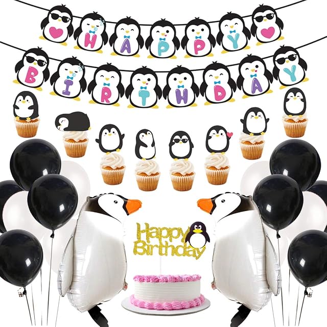 Penguin Party Supplies, Penguin Happy Birthday Banner, Walking Penguin Balloons Cake Toppers for Arctic Polar Animals Decorations, Kids Birthday, Baby Shower Party Favors