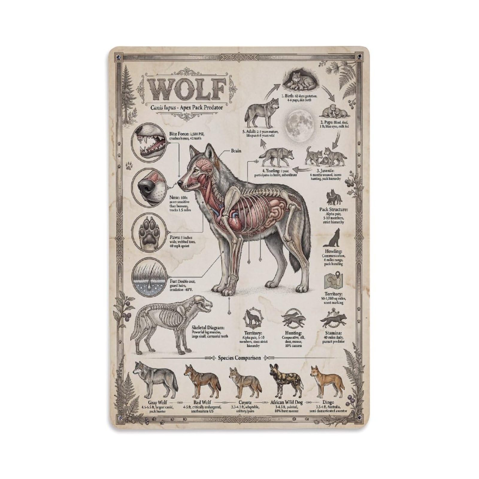 Wolf Anatomy Kids Animal Guide Sci Inf Educational Nature Metal Tin Sign Plaque Wall Decor for Cafe, Man Cave, Club Bar, Office, Home Garden Round Metal Poster 8x12Inch