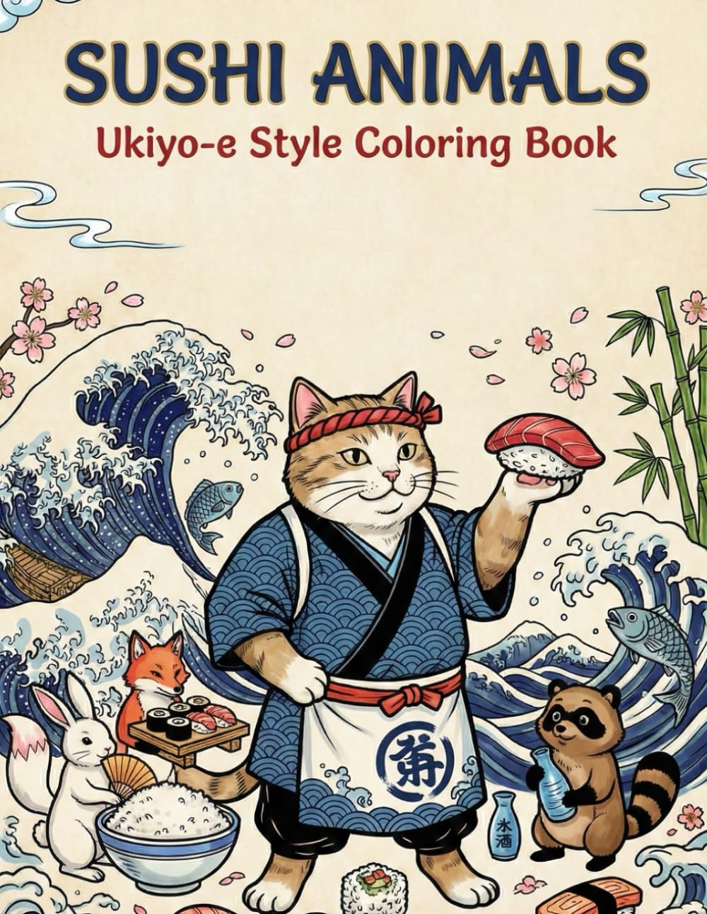 Ukiyo-e style coloring book cover, sushi and animals