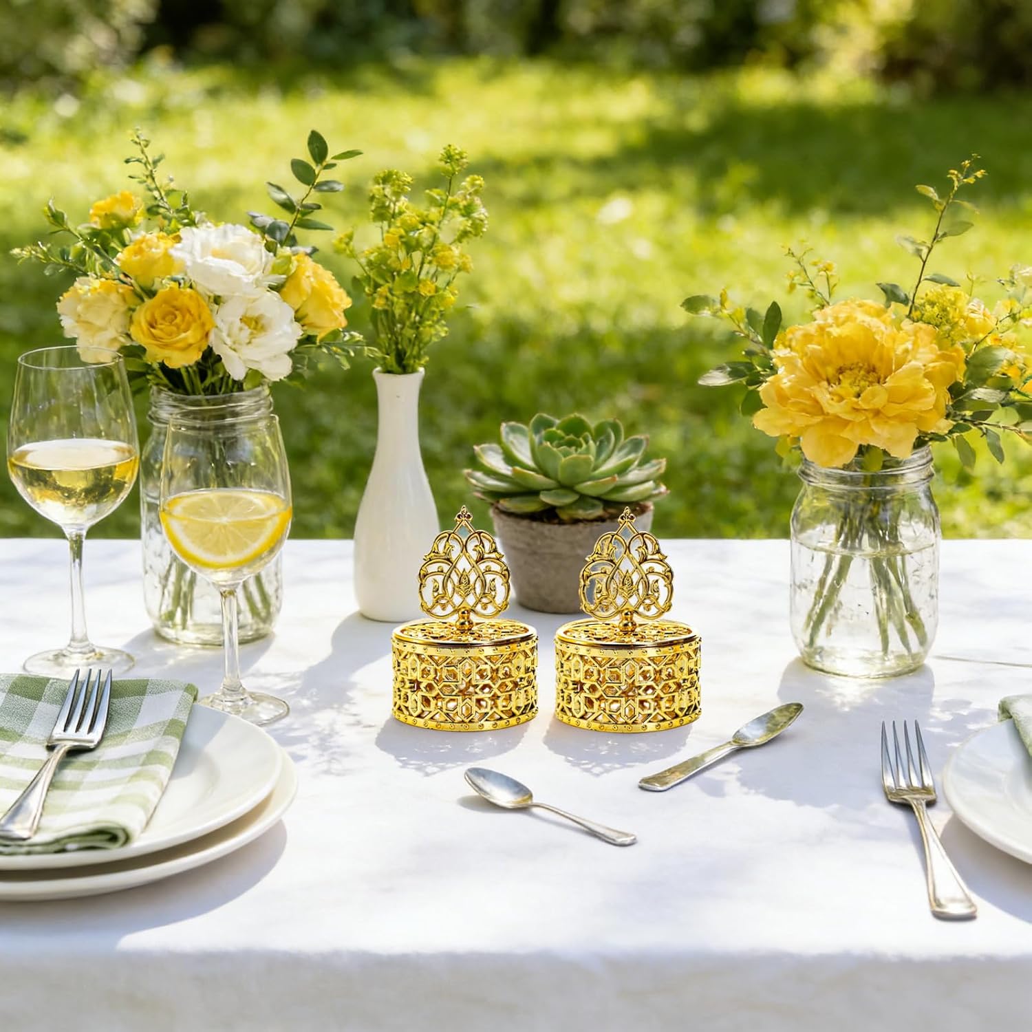 Mezchi 24 Pack Gold Vintage Favor Boxes, Mini Plastic Candy Container with Lid, Small Treat Gift Boxes Candy Storage Container for Wedding Party, Tea Party, 2''Wx 3''H, Round - Image 2