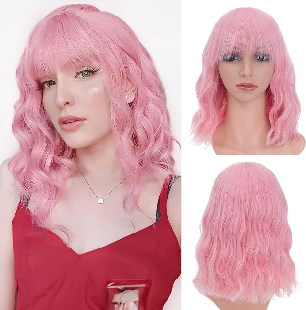 Benehair Wig with Bangs Pink 12 Inches Short Pastel Curly Wavy Heat Resistant Synthetic Women's Bob Wig Daily Use Colorful Cosplay Wig for Girls