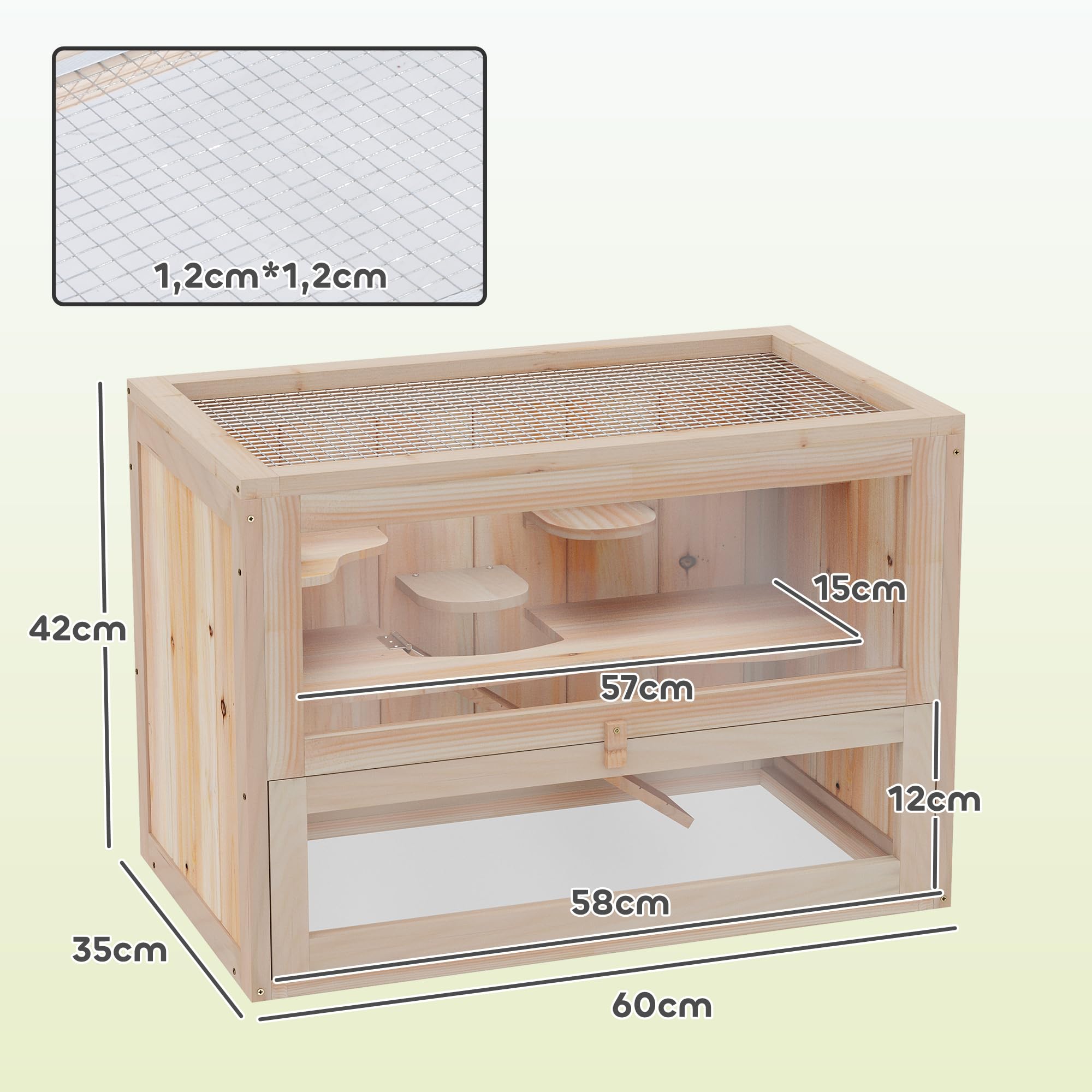 PawHut Jaula Madera para Hámster Ratoncillos Roedores Casa para Animales Pequeños 2 Niveles 60x35x42cm