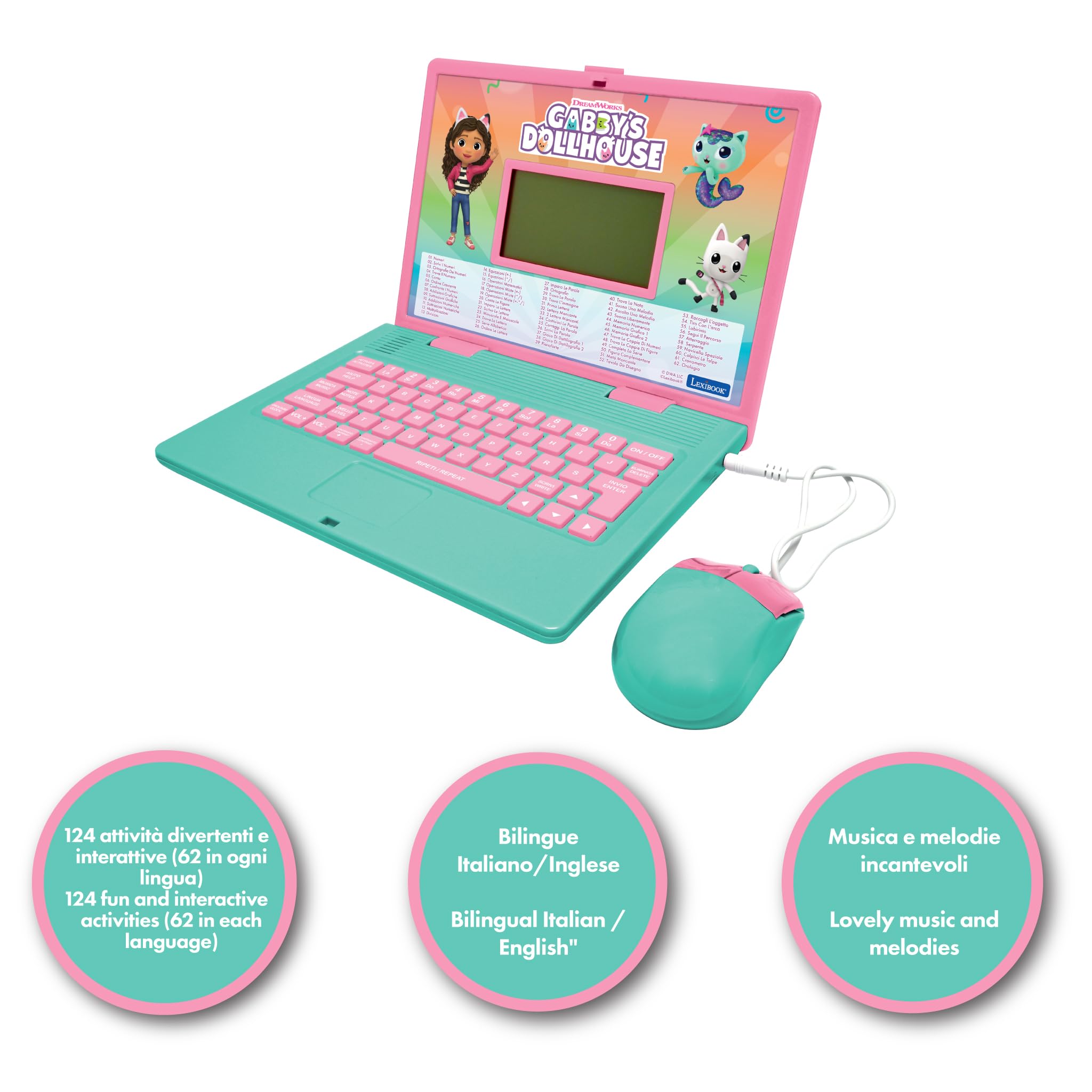 Lexibook, La casa de Las muñecas de Gabby, Ordenador Educativo bilingüe Inglés/Italiano, 124 Actividades de Lengua, Escritura, matemáticas, lógica, música y Juegos, Rosa/Azul, JC598GDHi5