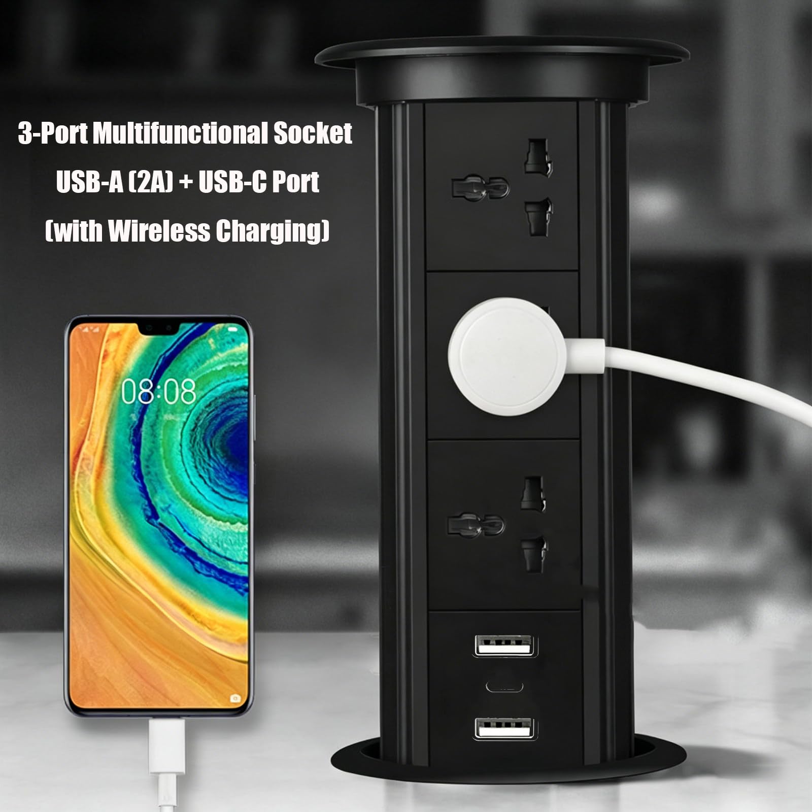 Prese A Scomparsa Per Piani Cucina,3 Prese Multifunzione Ca,2 Usb-A + 1 Usb-C,Ricarica Wireless Da 15W,Sollevamento Intelligente Tramite Tocco,Installazione A Scomparsa,Per Scrivania Di Casa A