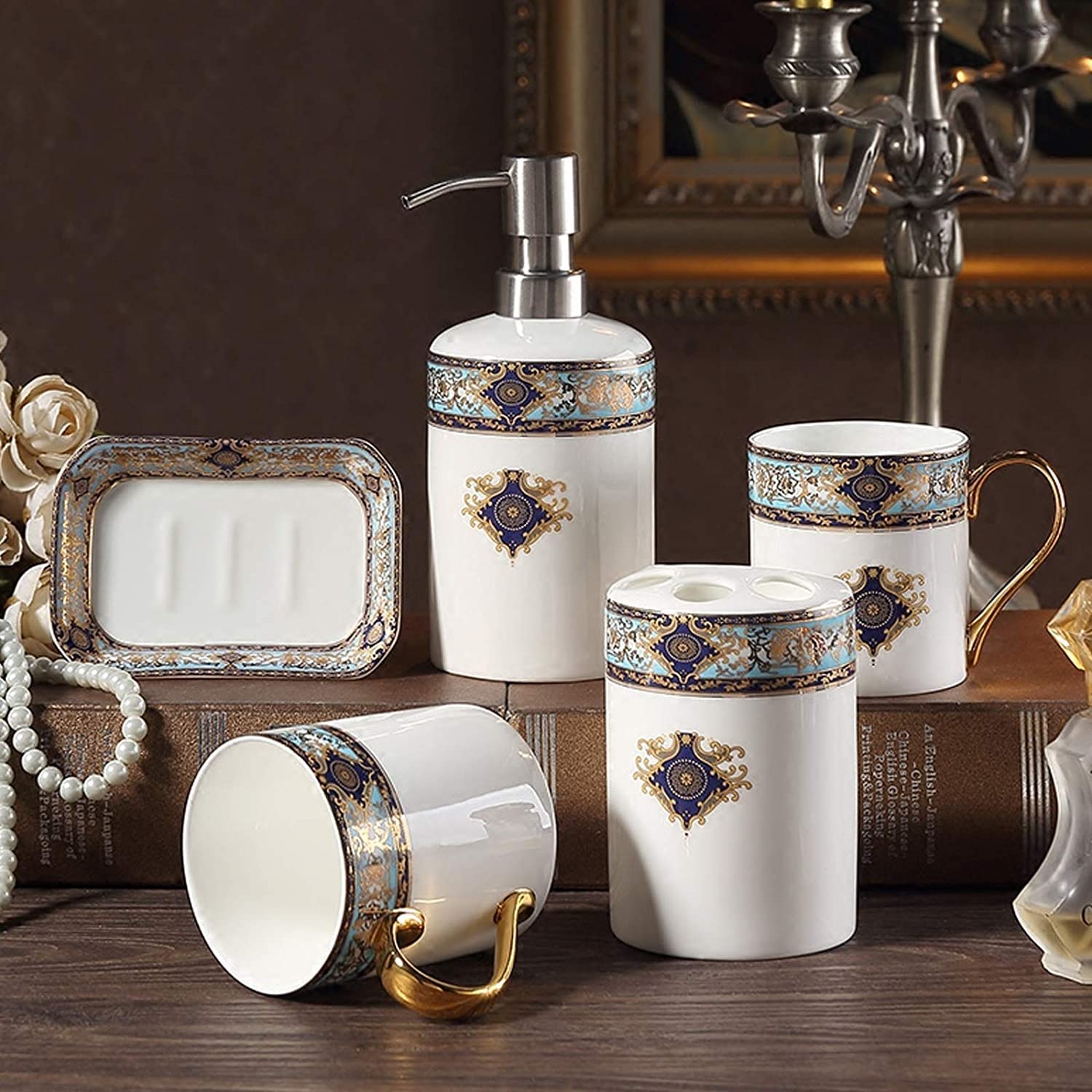 Zestaw Dozowników Mydła Retro Design Ceramiczny Zestaw Akcesoriów Łazienkowych Czeski Niebieski Akcesoria Do Kąpieli W Stylu Europejskim Łazienka(6-piece set)