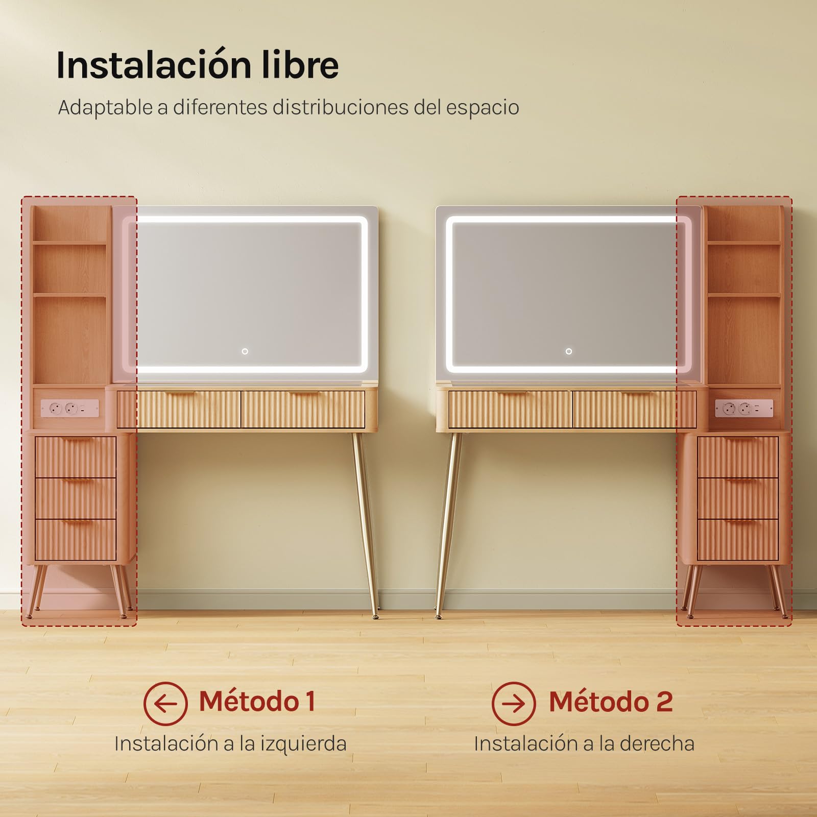 WOLTU Tocador Maquillaje con Luz LED, Encimera de Vidrio Templado, Regleta