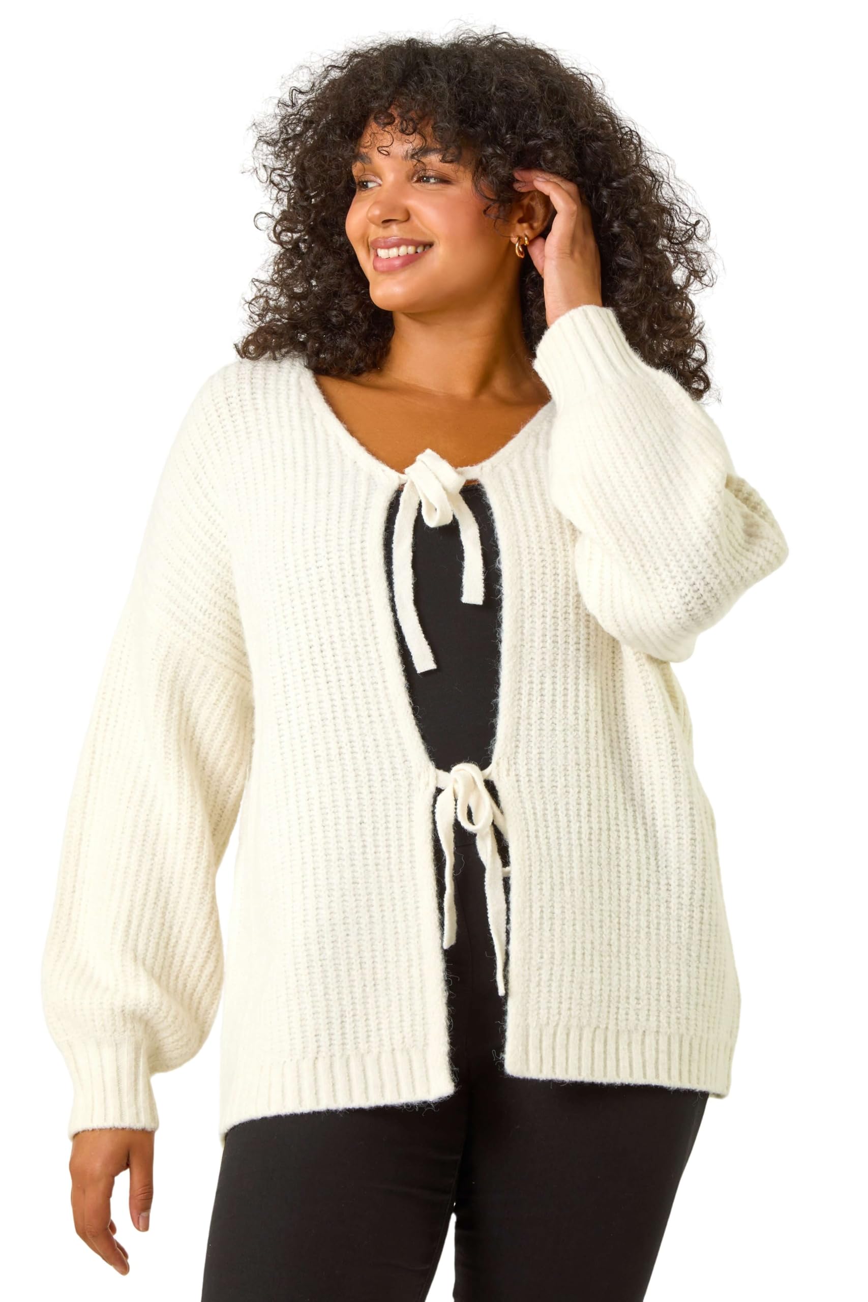 Roman Originals Women's Ivory Plus Roman Curve Bow Detail Knit Cardigan For Uk - Everyday Autumn Winter V-Neckline Comfy Soft Evening Vacation Work Party Night Out - Size 2224