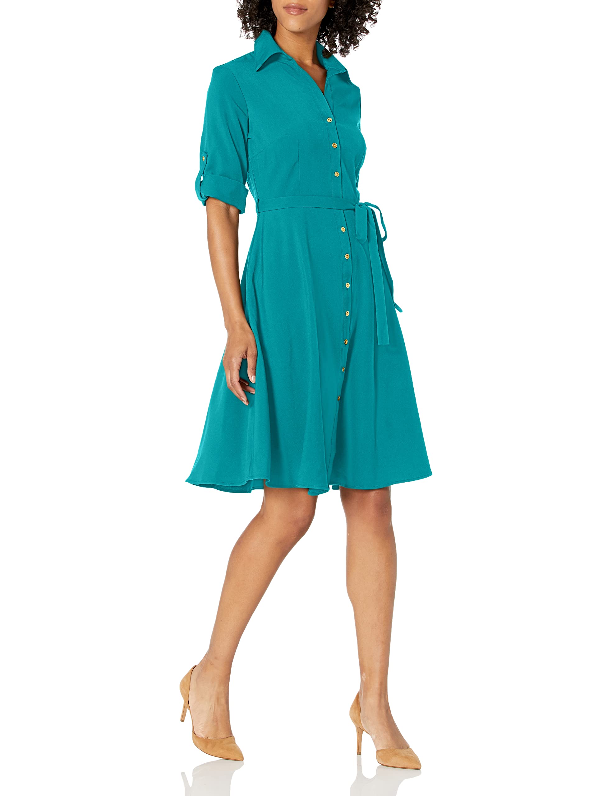 Sharagano Women's Button Front Pleated Shirt Casual Dress