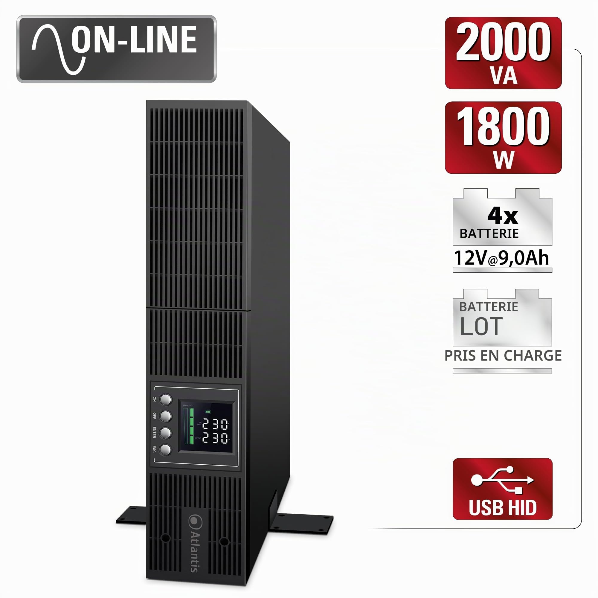 Atlantis A03-OP2002P-RC Pro Onduleur (UPS) Online Double Conversion et Pure sinusoïde avec Une Puissance de 2000VA 1800W, Serveur Rack, écran LCD, USB, RS-232, 8 Sorties IEC, Slot SNMP, 4x12V-9Ah