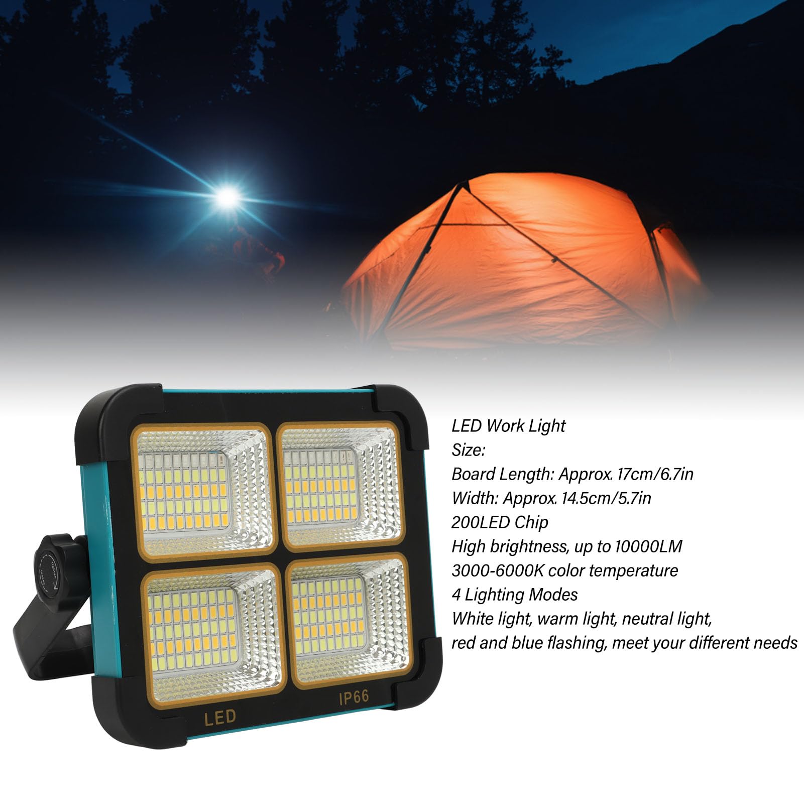 Luz de Trabajo LED Portátil, con Batería Recargable 100W 10000LM 3000 a 6000K, Luz Solar para Acampar, IP66 Luz de Trabajo con Soporte Ajustable de 180 Grados para Exteriores/construcción