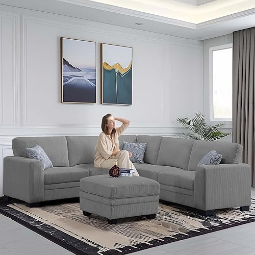 Miniatura 3 de Legend Vansen Sofá modular de gran tamaño, sofá en forma de U de 6 asientos con otomana, sofá de pana con asiento profundo, sofás seccionales