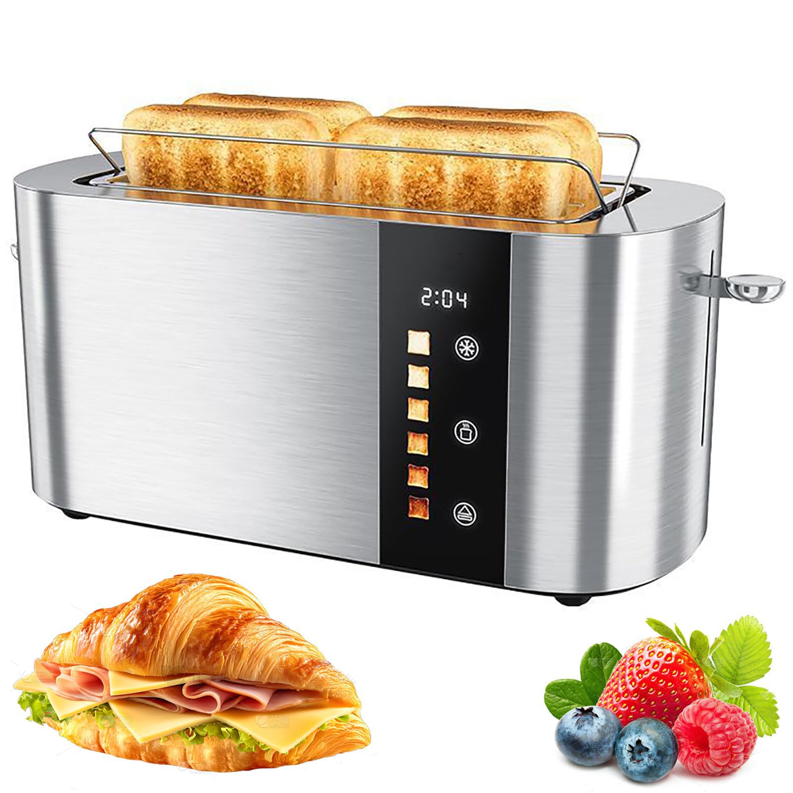 Forno tostapane in acciaio inox da 800 W con touch screen e display digitale, 2/4 fessure per fette, 6 livelli di doratura e griglia integrata per asciugatura di waffle, pasticcini ( long slot)