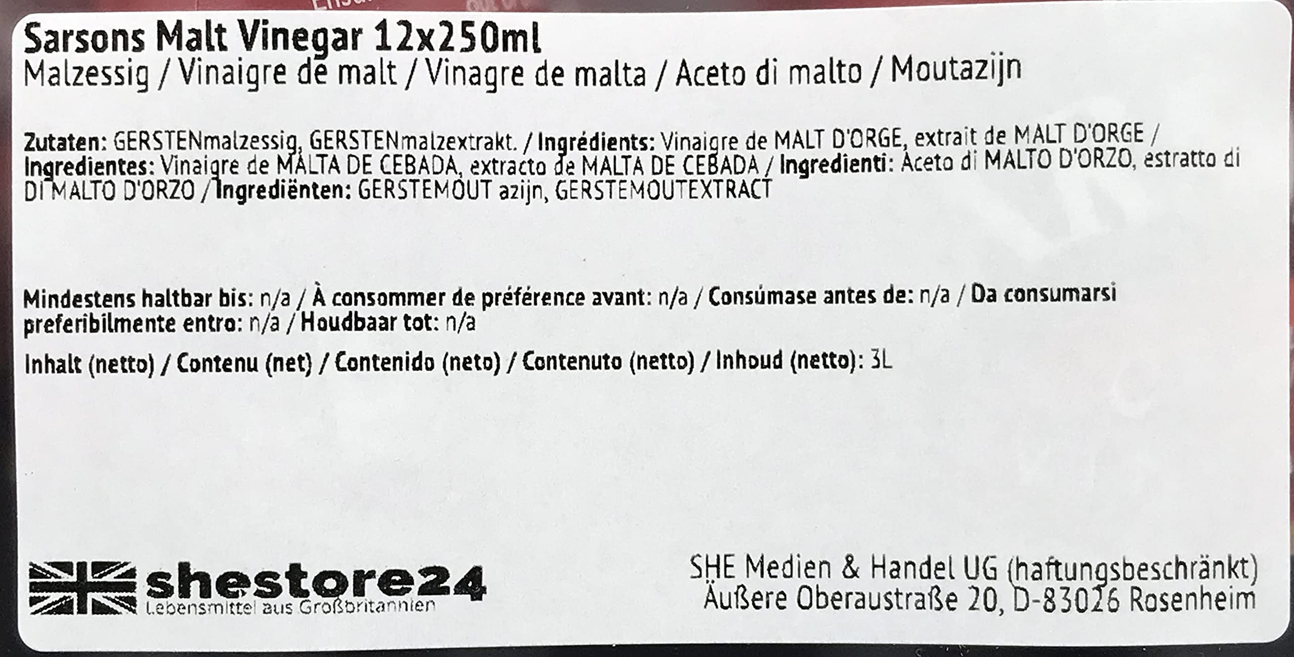Sarsons Malt Vinegar Lot de 12 vinaigre de malt 250 ml