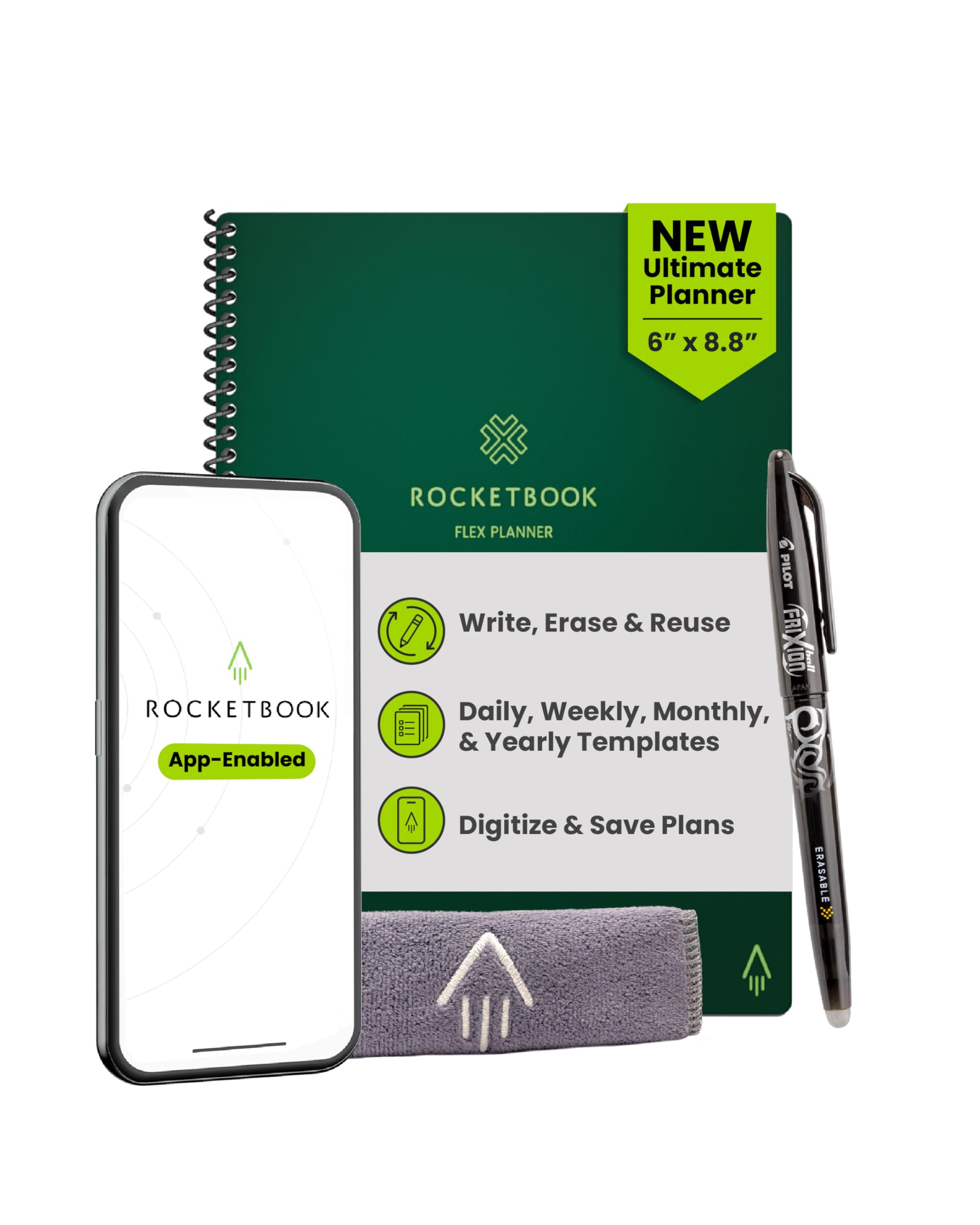 Rocketbook Flex Planner, Reusable Undated Smart, Executive Size 6x8.8 in Green โ Daily, Weekly, Monthly, Annual Calendar, Tasks, Goals, Scheduling, Productivity, App Connected, Erasable, Durable Cover