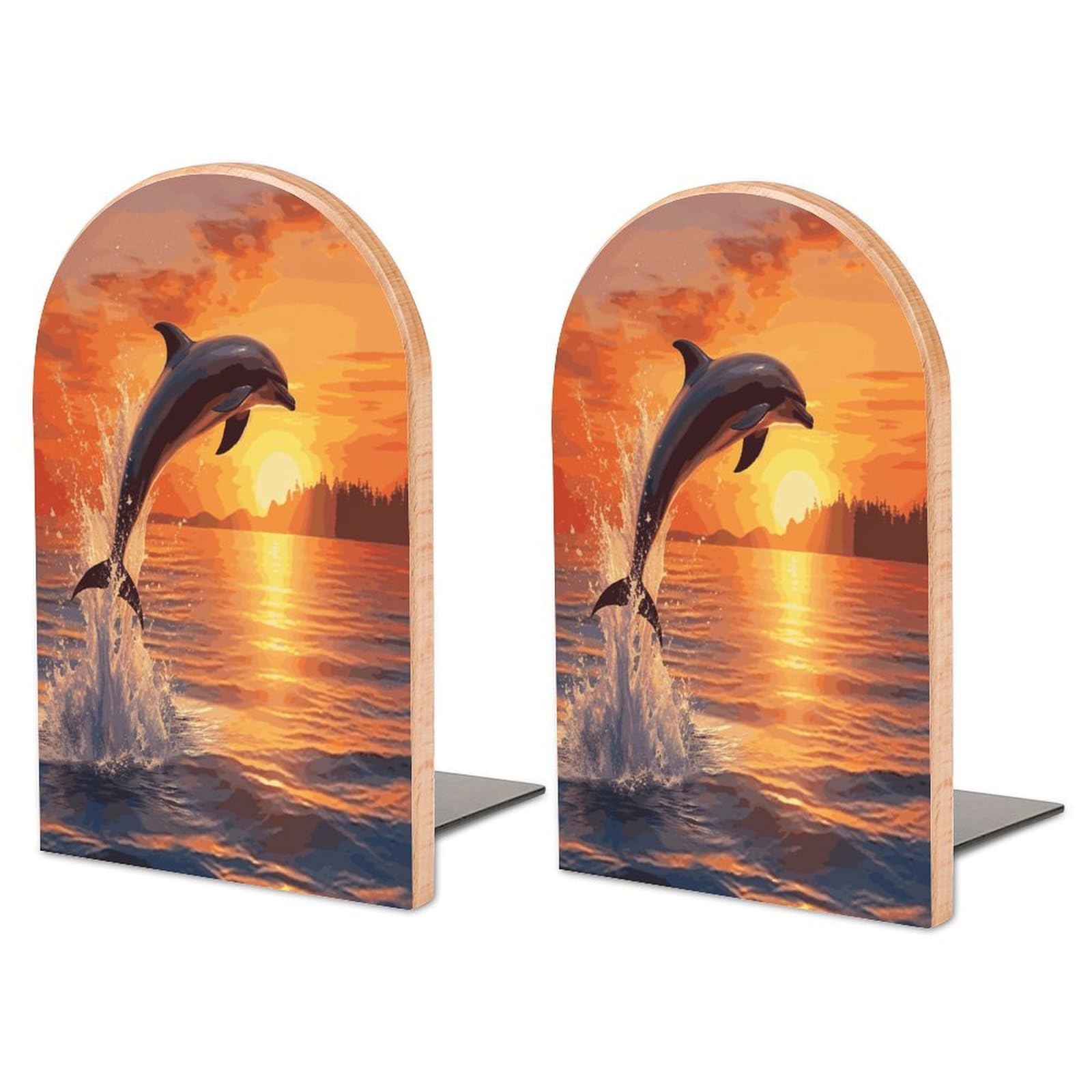 Large Sunset Dolphin Book End with Metal Base Fashion Heavy Duty Bookend Exquisite Wooden Bookends Non-Skid Book Stopper for Shelves Books Organizer for Office Home 1 Pair