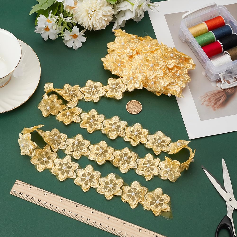 MAYJOYDIY Spitzenband mit 3D-Blumenmuster, goldfarben, 4,6 cm, bestickt, Organza-Spitzenband, Stoffbesatz für Kleid, Party, Kleidung, Dekoration, DIY, Nähen, Handwerk, 4,6 m