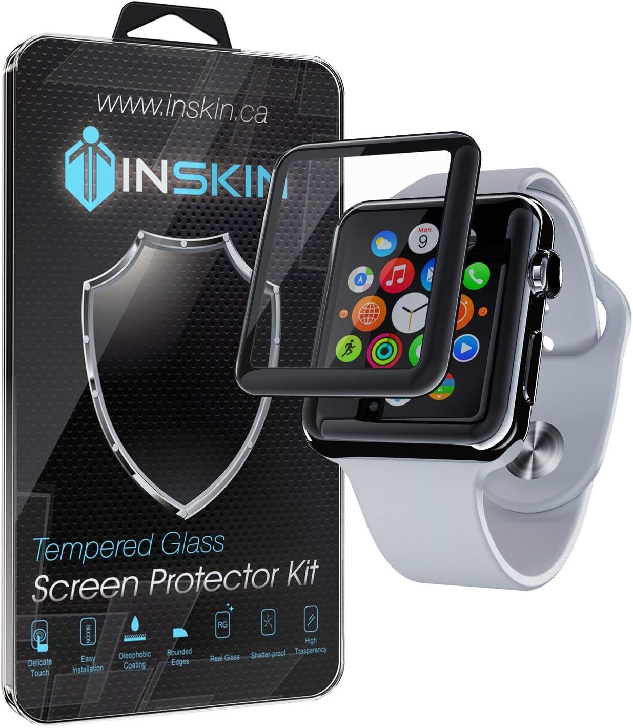 Inskin 3D Full Glue Acrylic Glass (PMMA) Screen Protector with Shock-Proof TPU Edge, fits Apple Watch 42mm [Series 3, 2, 1]. Black. 1-Pack.