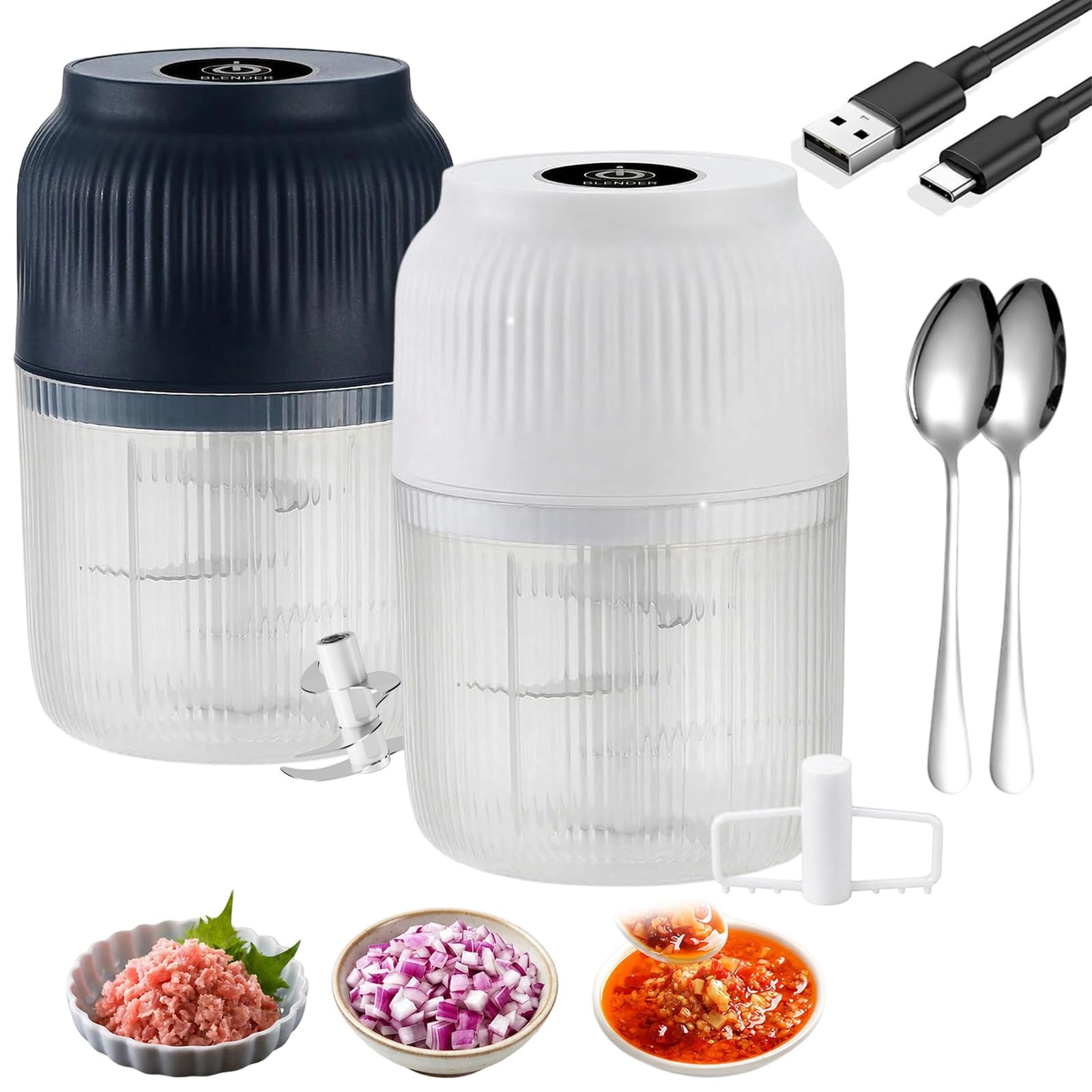 Electric Garlic Chopper, 350ml Cordless Electric Food Chopper With Lid, 6 Stainless Steel Blades Mini Chopper Food Processor for Onion Chili Ginger Nuts Meat & Fruits (2 * 6 Blade&Beat Egg,2 Color)